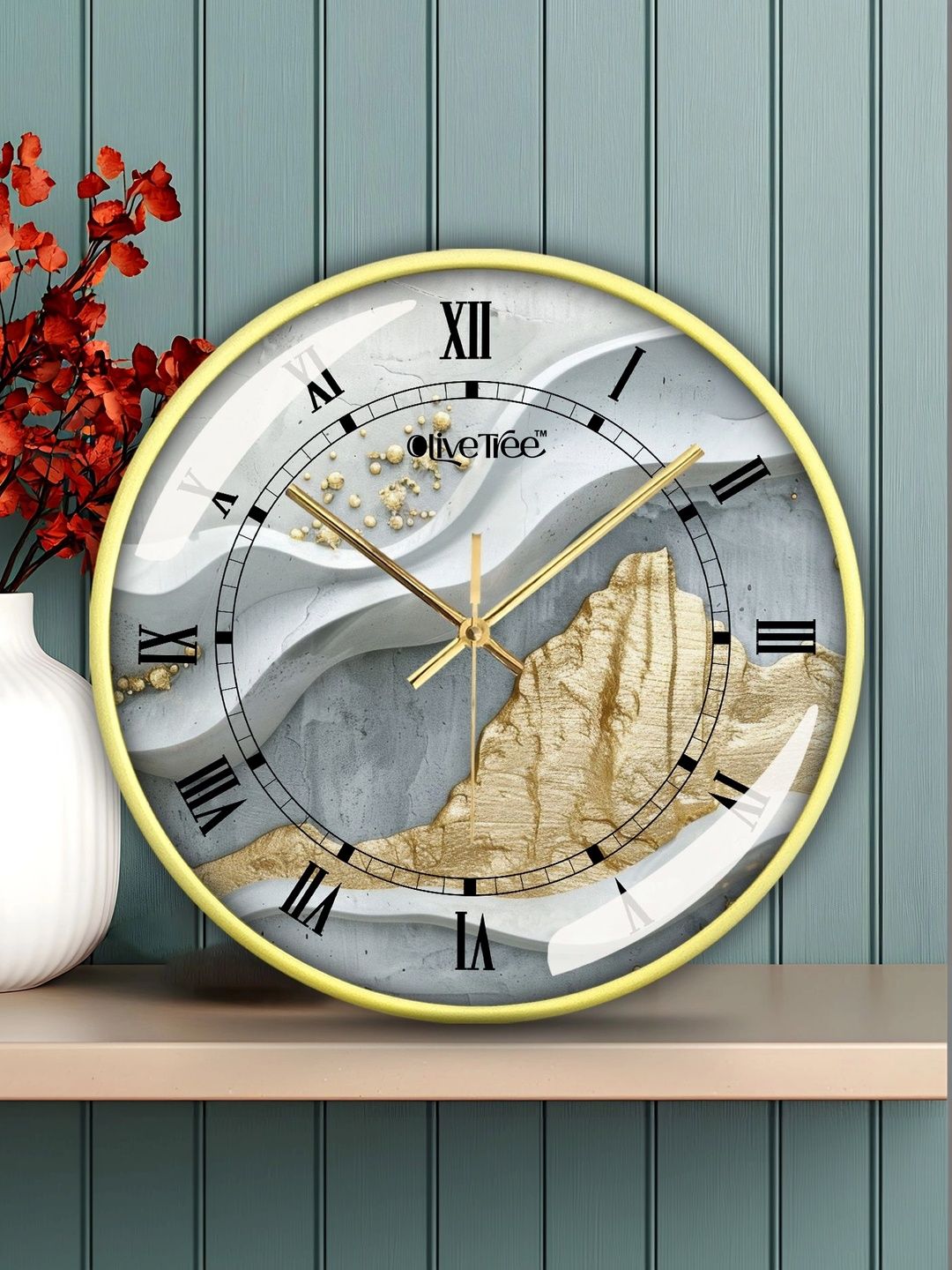 OLIVE TREE Gold-Toned & Silver-Toned Printed Contemporary Wall Clock-image-47