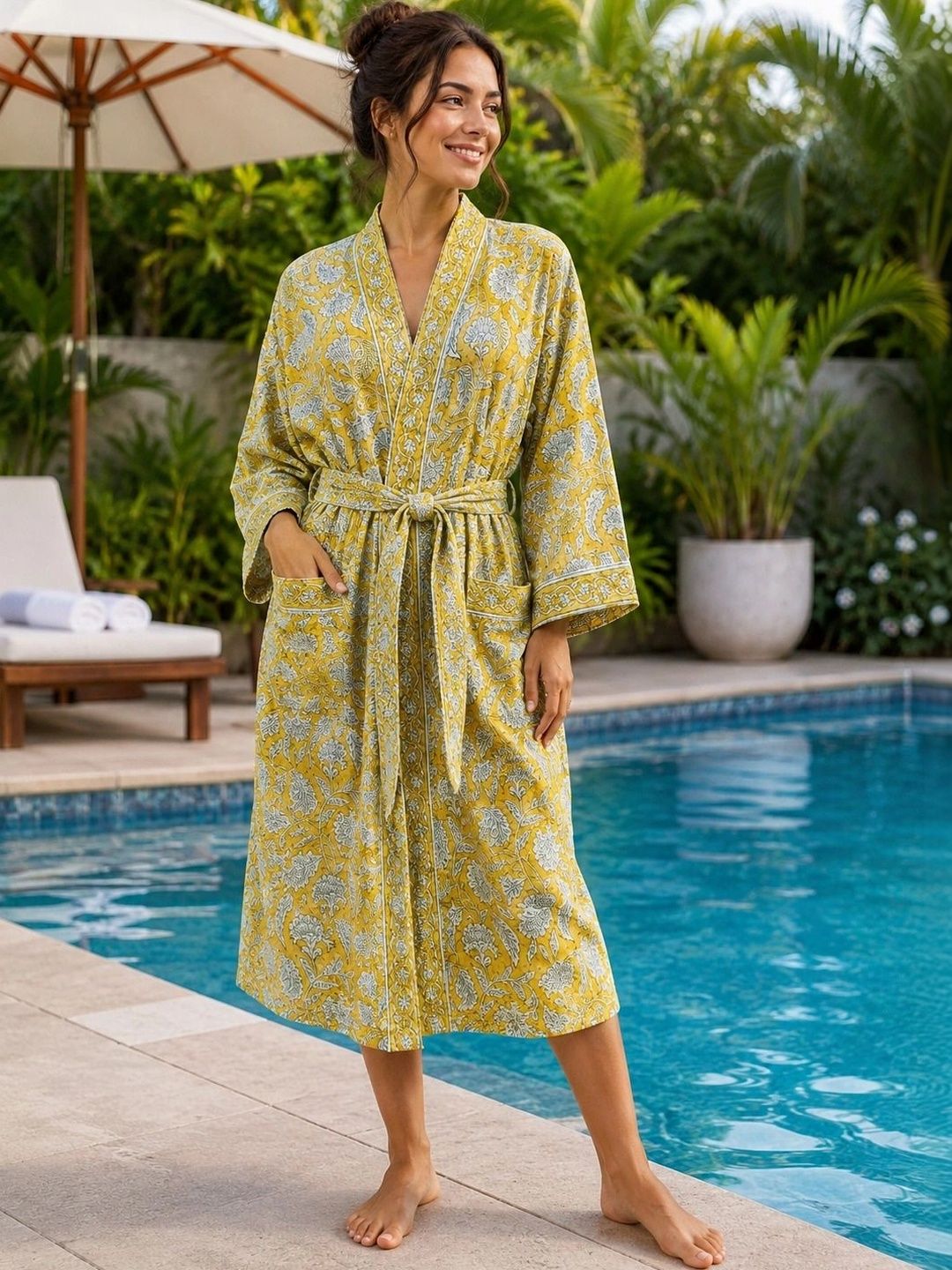 Gulaab Jaipur Printed Waffled Cotton Midi Bath Robe-picture-27