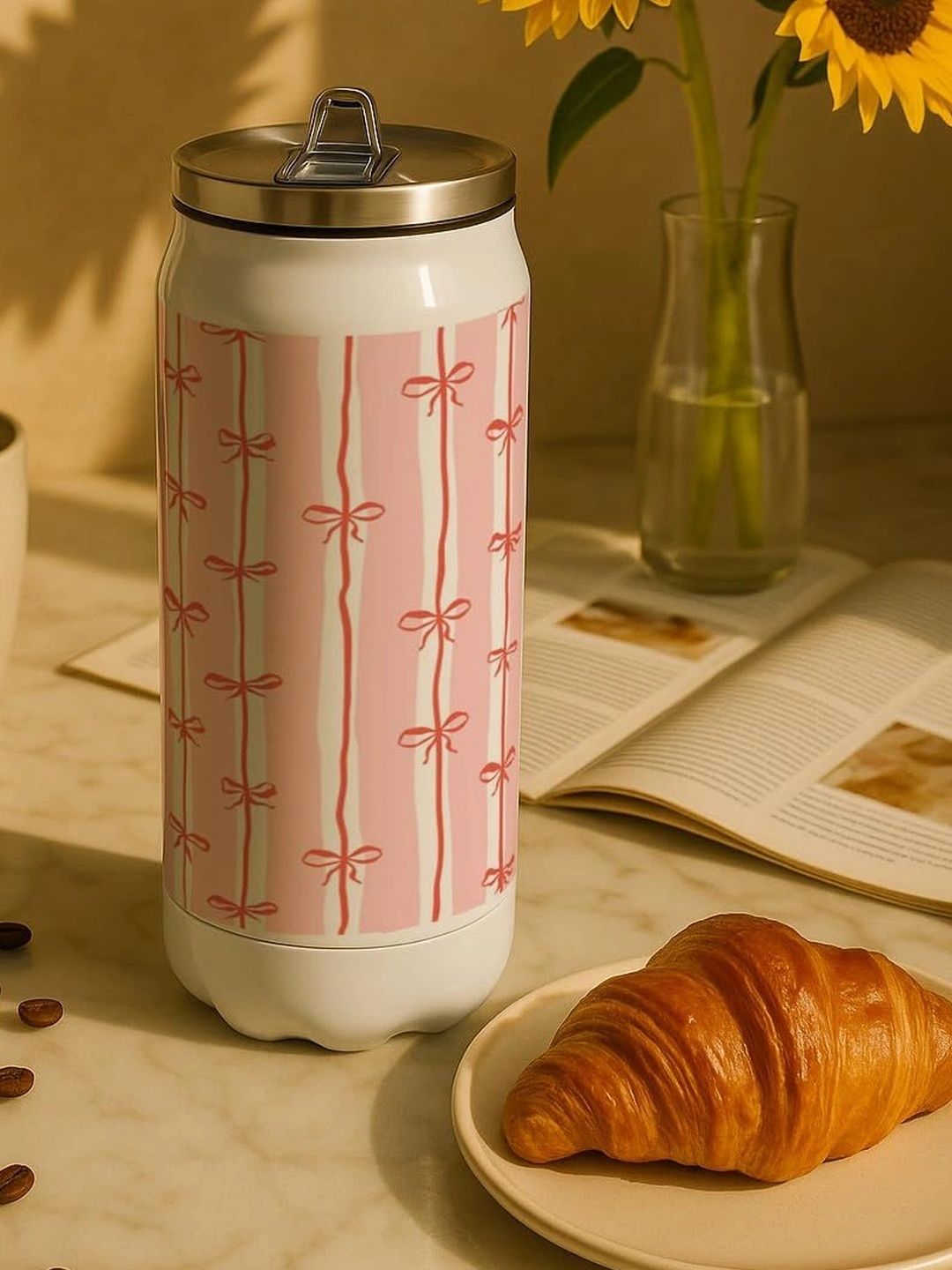 1219 Avenue White & Pink Single Stainless Steel Abstract Water Bottle-image-15