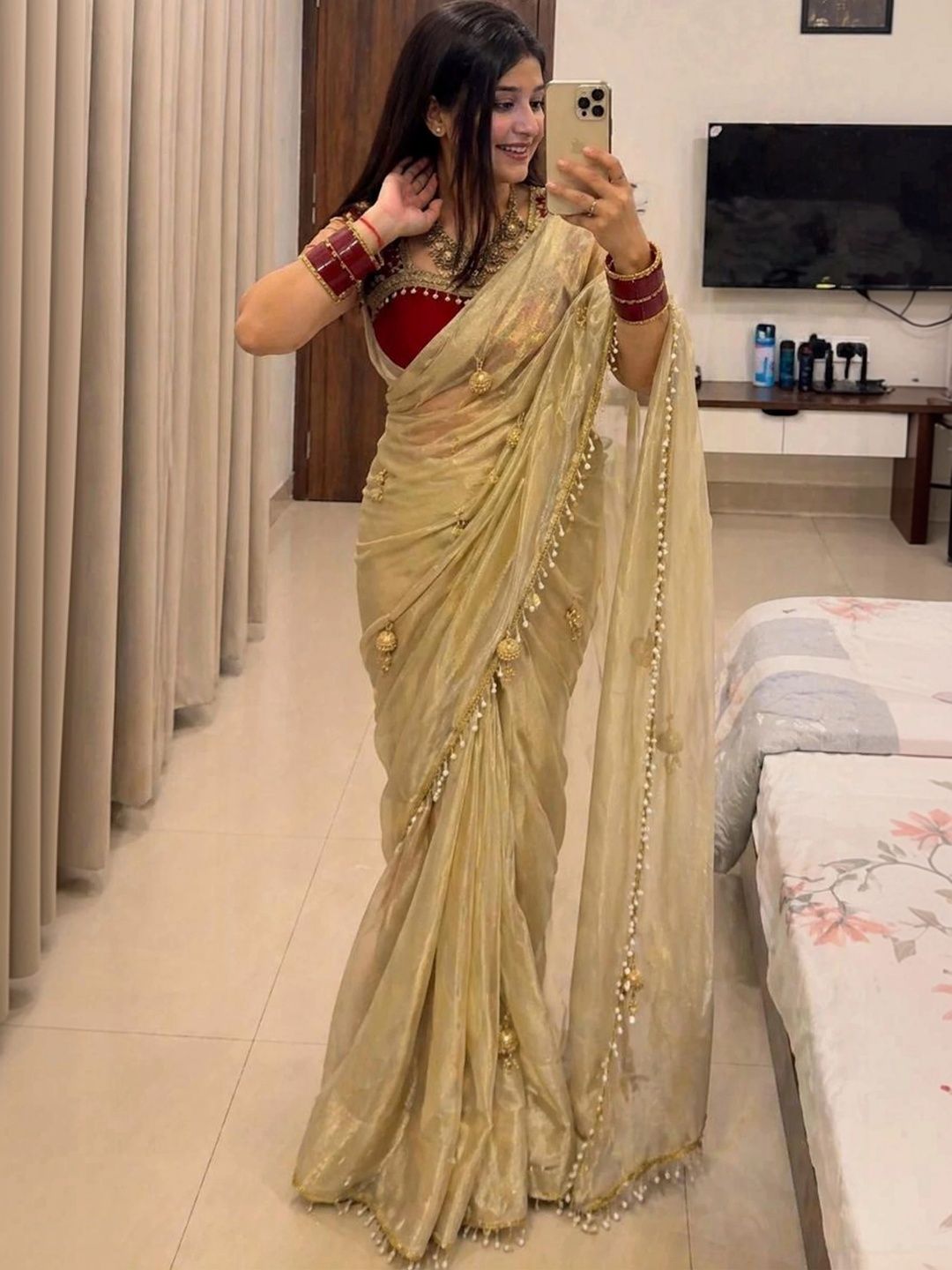 Qvidya Beads and Stones Art Silk Saree-picture-54
