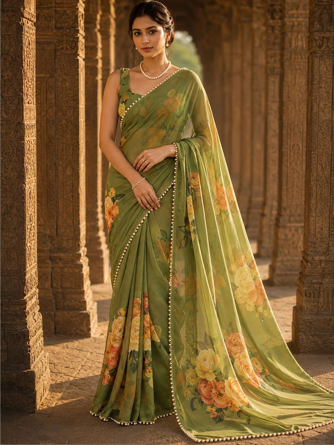 Moda Rapido Floral Beads and Stones Poly Georgette Designer Block Print Saree-picture-25