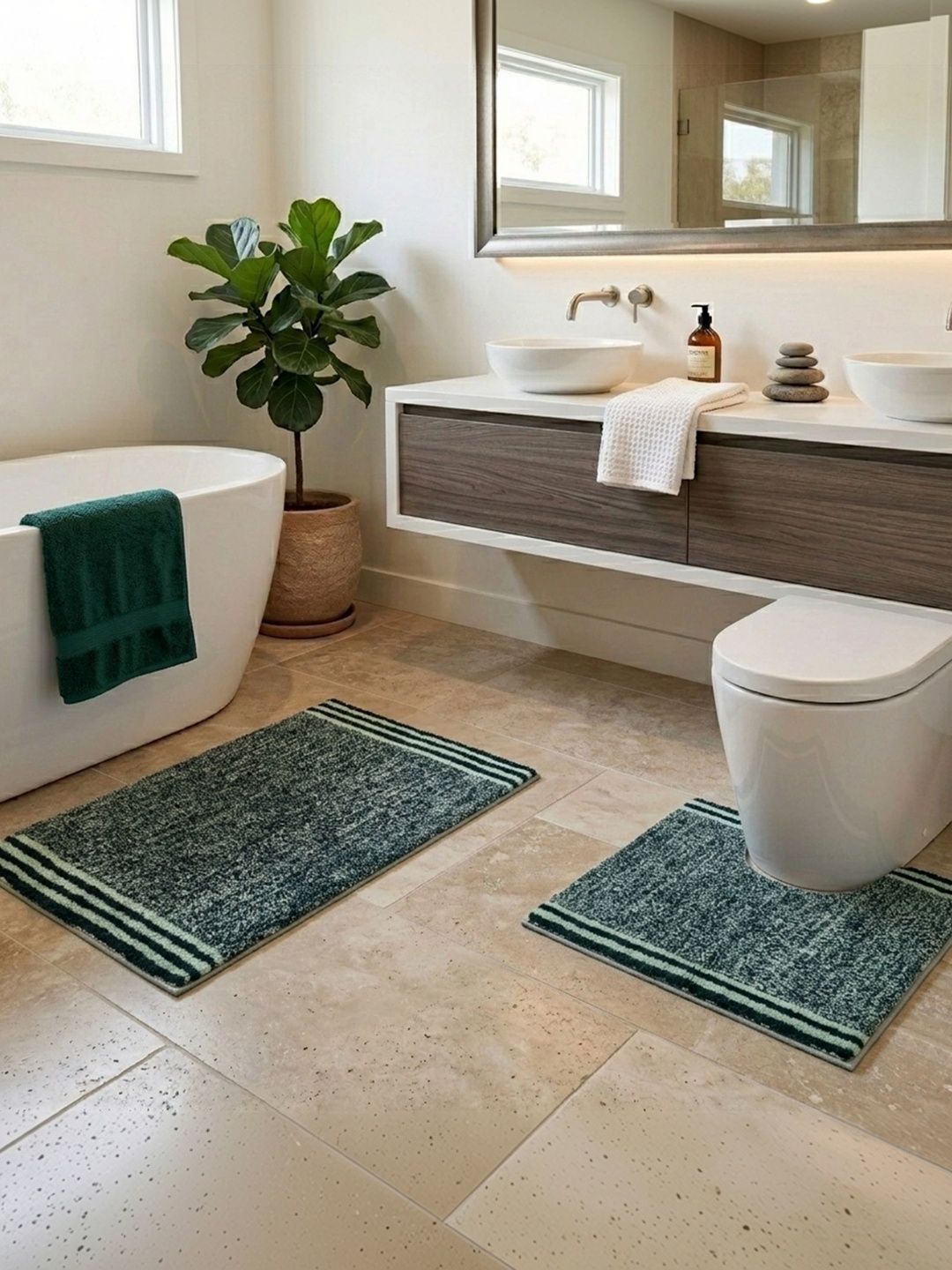 DECOVIA 2Pcs Green & Beige Self-Designed Cotton 2000-GSM Soft & Washable Bath Rugs-image-38