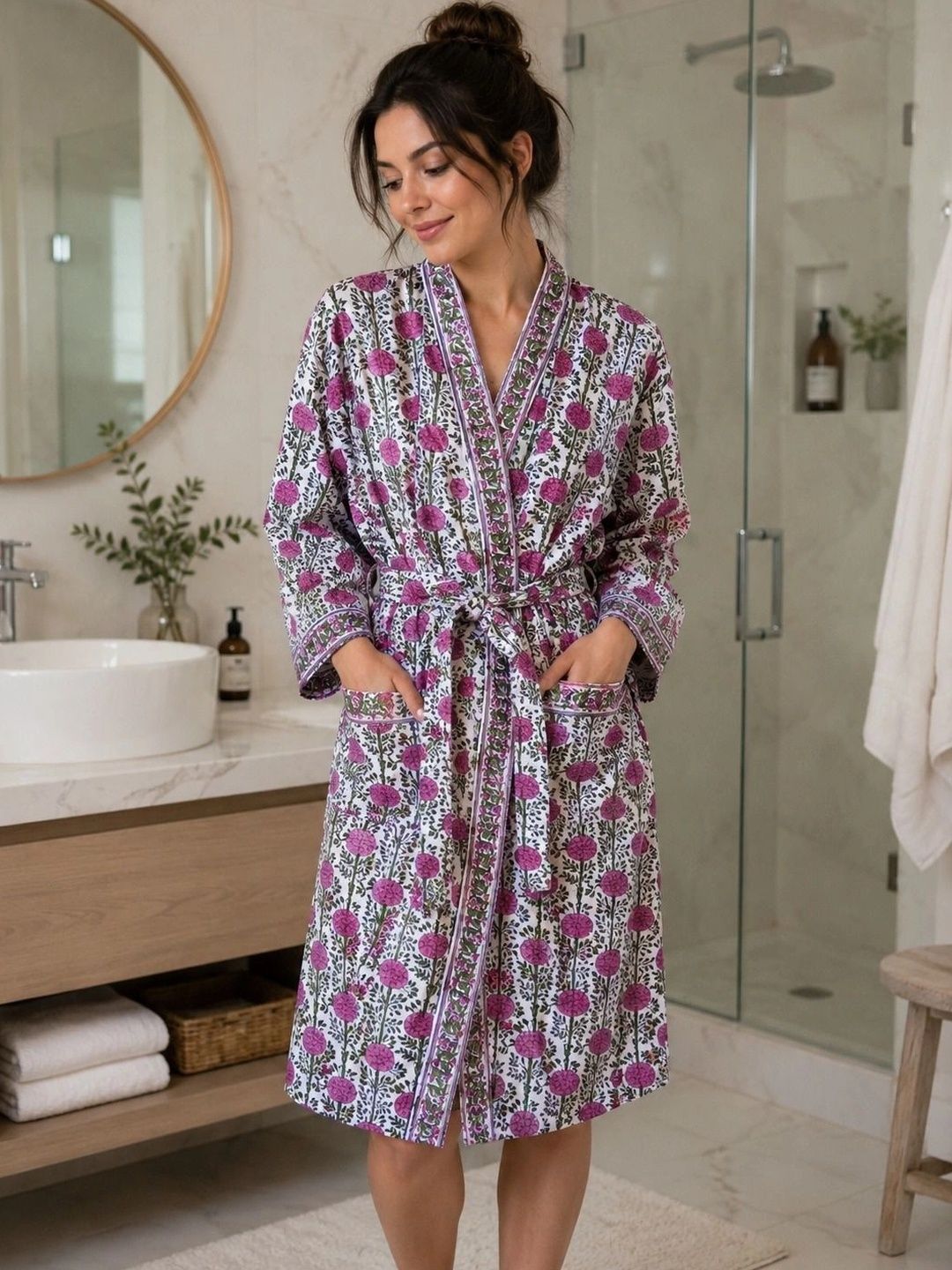 Gulaab Jaipur Printed Waffled Cotton Midi Bath Robe-picture-16