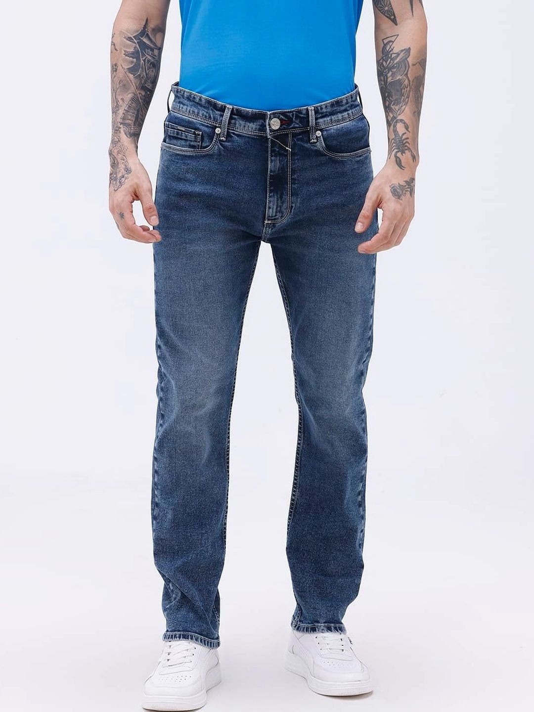 Basics Men Relaxed Fit Mid-Rise Low Distress Stretchable Jeans