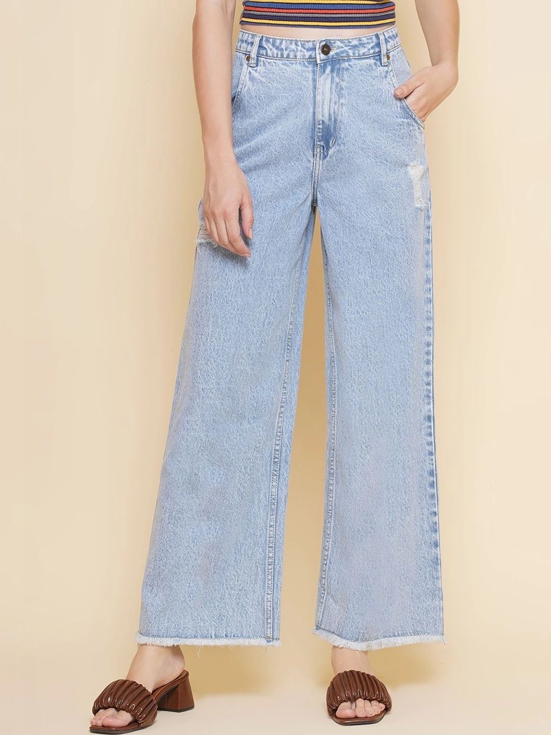 Mast & Harbour Women Flared High-Rise Mildly Distressed Coated Stretchable Jeans