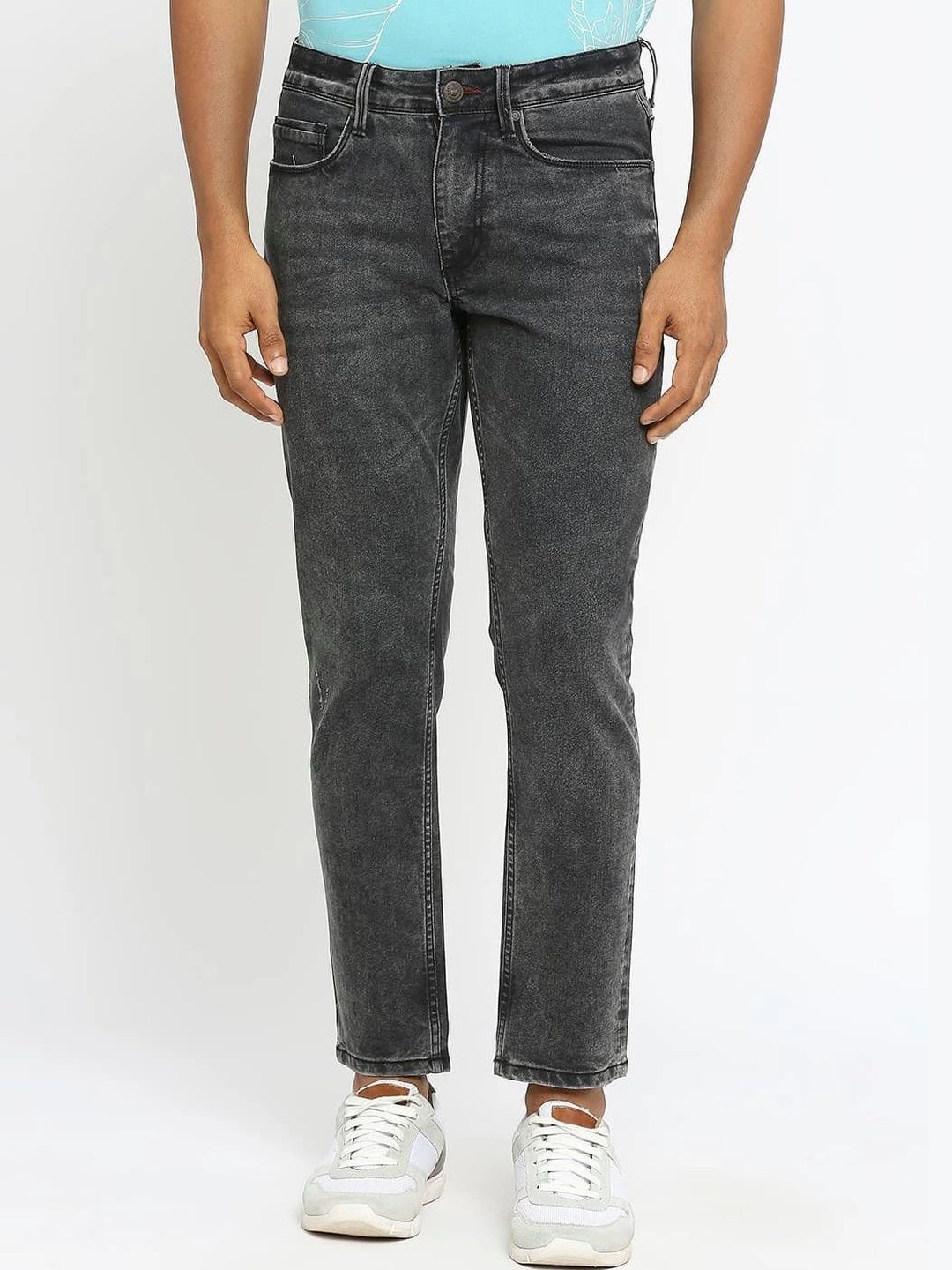 Basics Men Straight Fit Mid-Rise Low Distress Stretchable Jeans