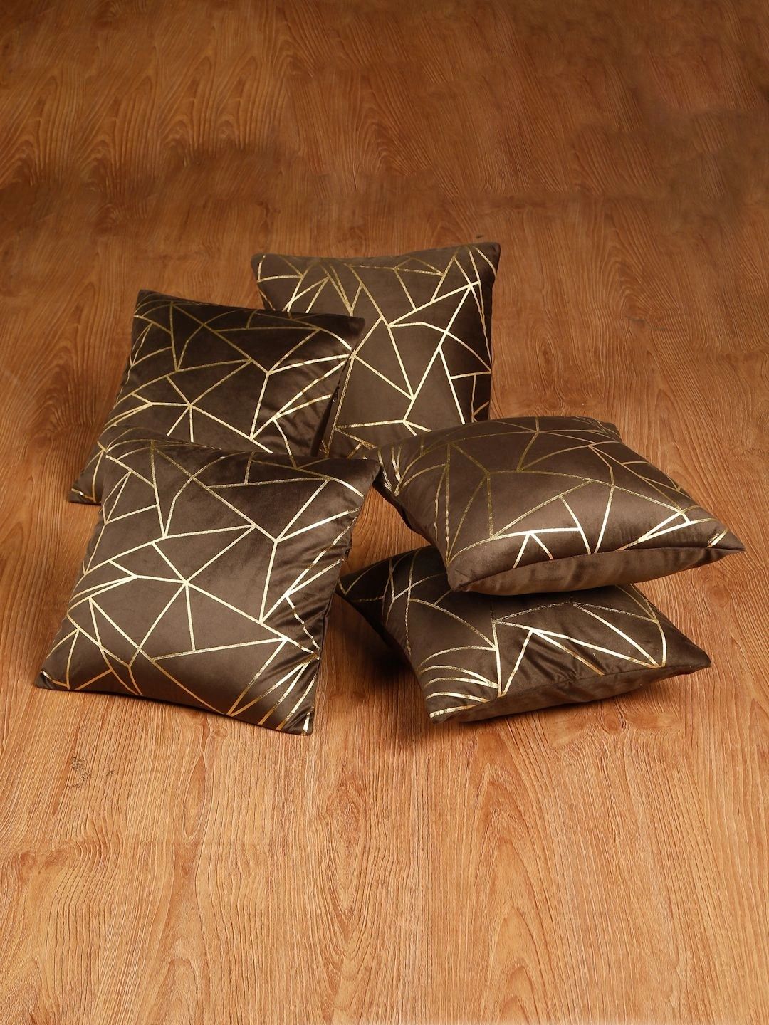 Myntra Elegant Homes Brown Set of 5 Geometric Velvet Square Cushion Covers-picture-39