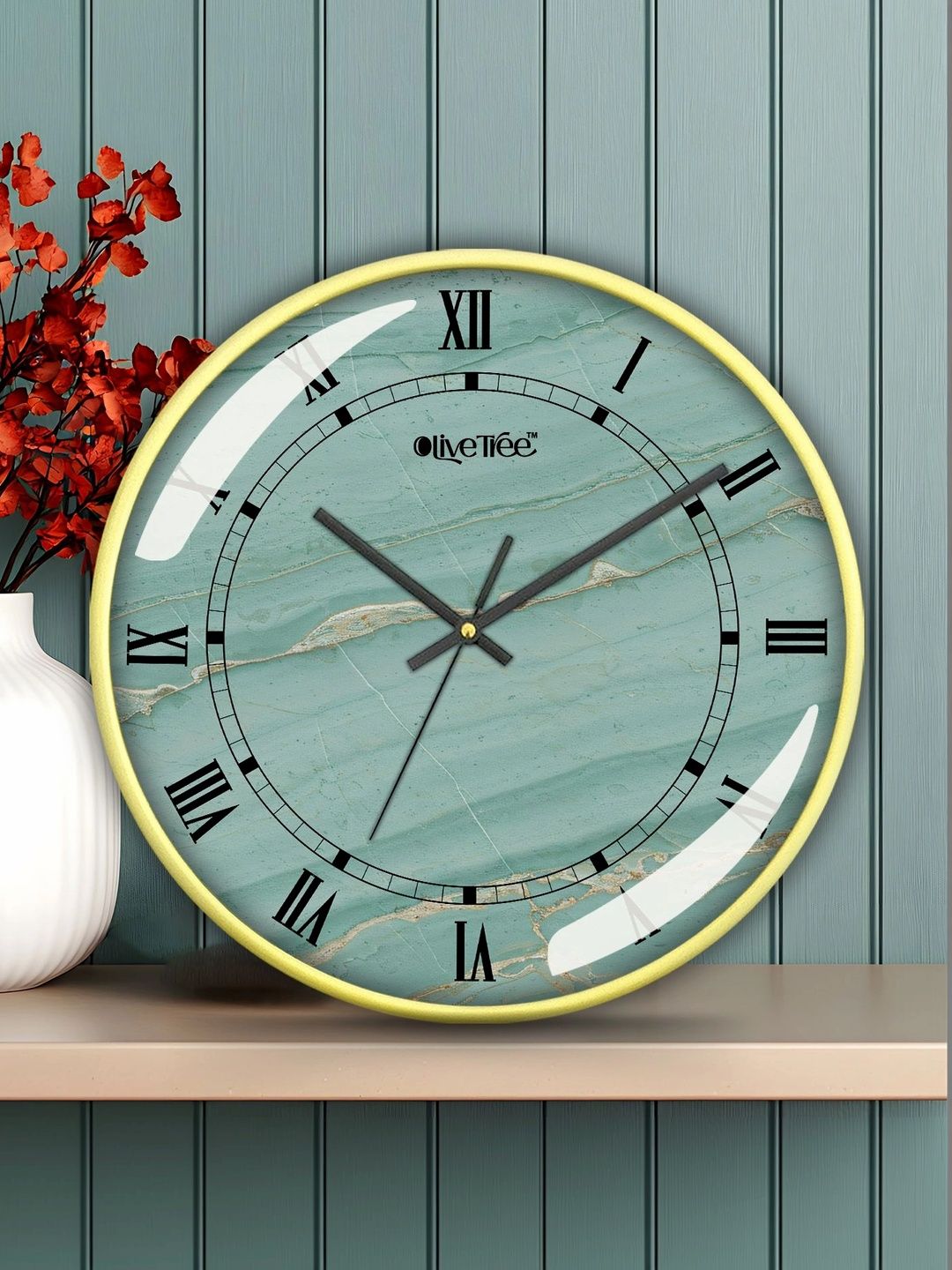 OLIVE TREE Gold-Toned & Green Printed Contemporary Wall Clock-picture-20
