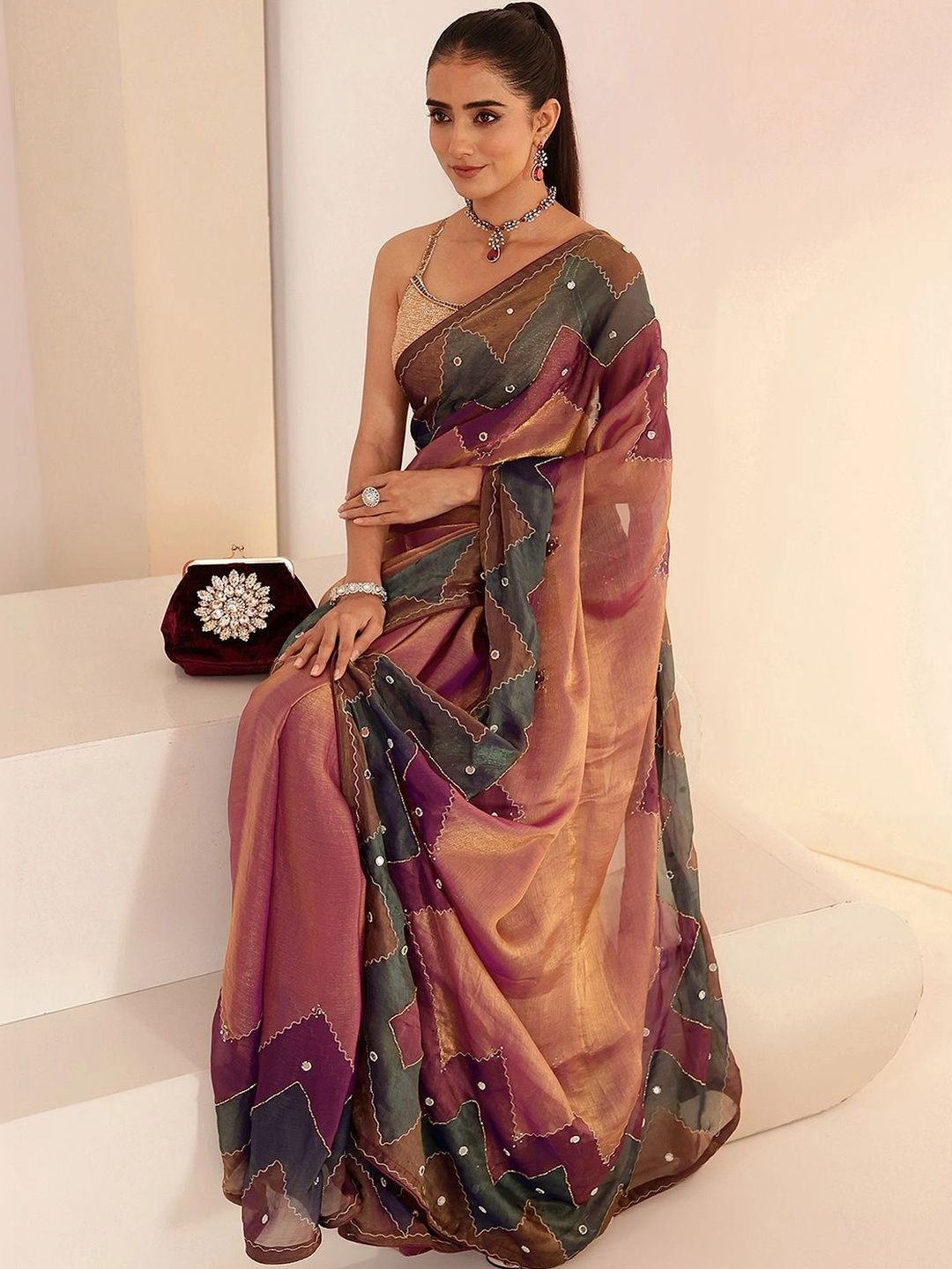 Libas Multi Color Mirror Work Silk Blend Saree-picture-11