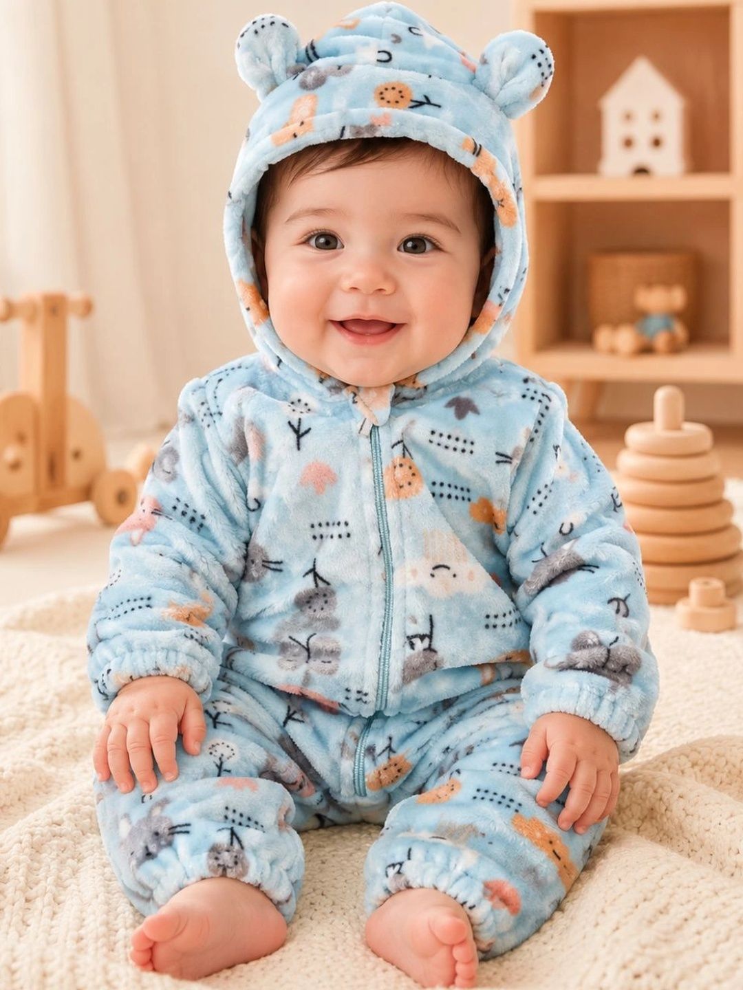 Cuddleloom Infants Boys Printed Cotton Hooded Neck Rompers-picture-14