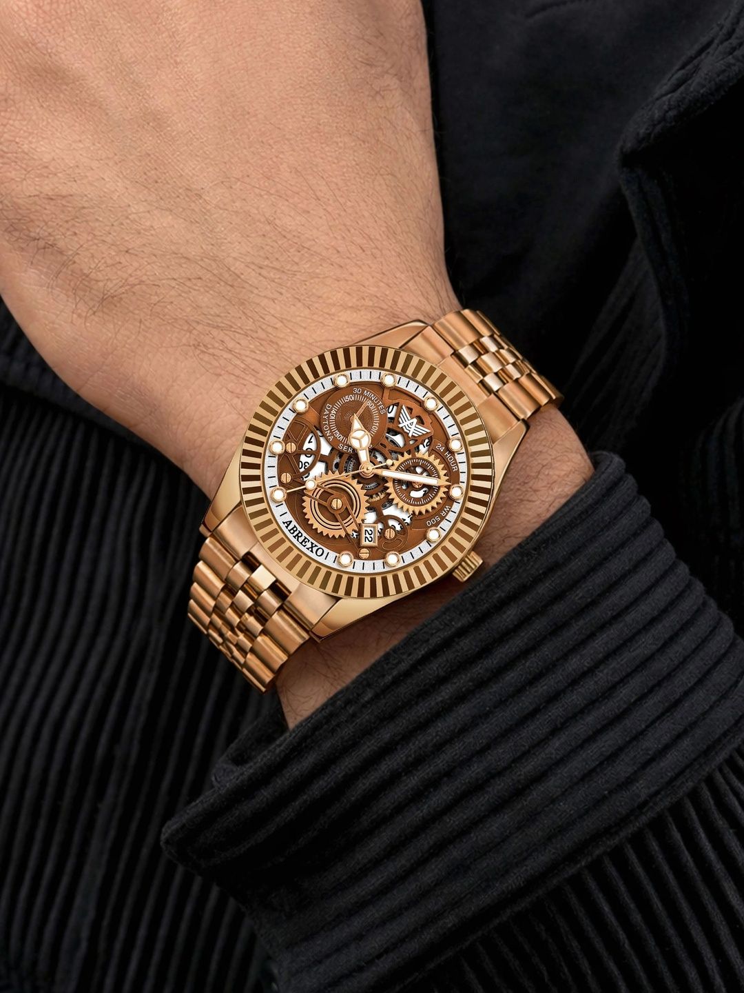 Abrexo Men Skeleton Dial & Stainless Steel Bracelet Style Straps Analogue Chronograph Automatic Watch-image-34