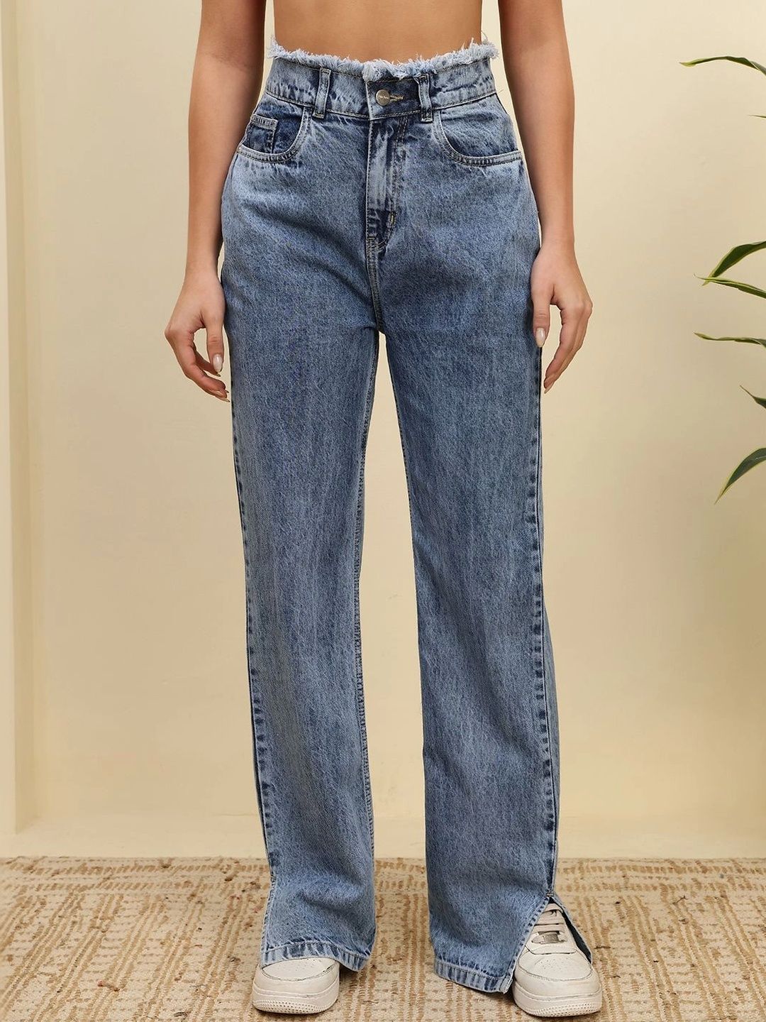 Mast & Harbour Women Straight Fit High-Rise Low Distress Stretchable Jeans