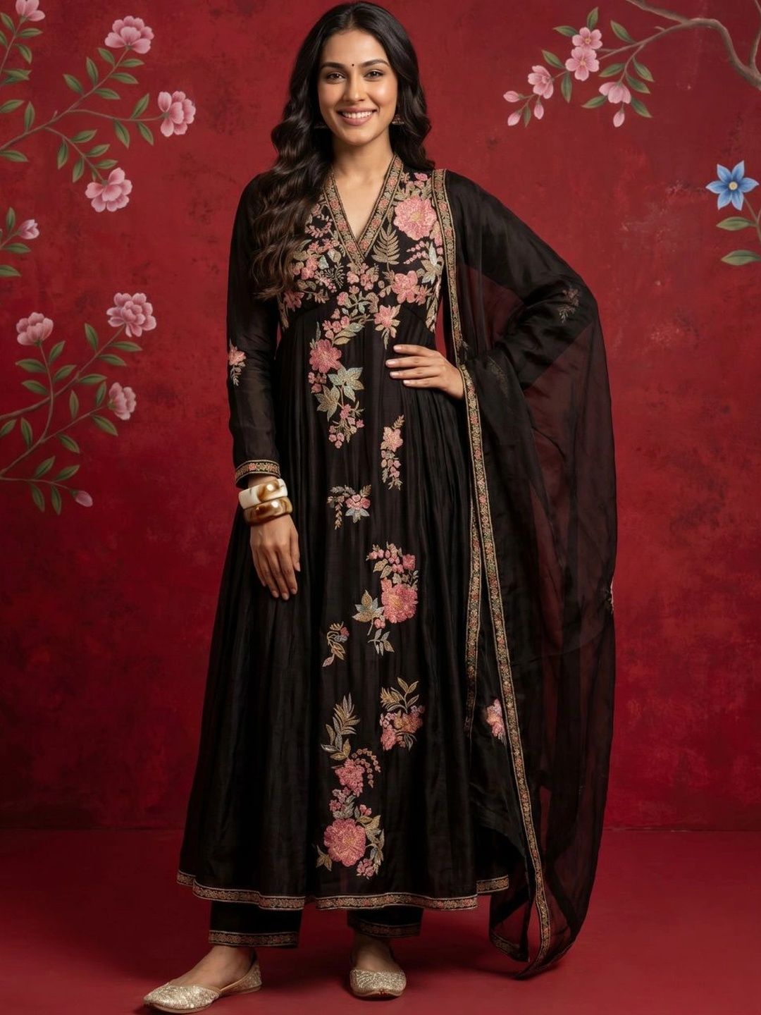 Sangria Women Floral Embroidered Regular Thread Work Kurta with Trousers & With Dupatta-picture-54