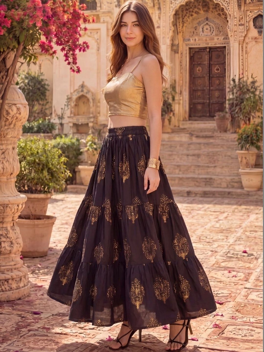 Sera Women Pure Cotton Floral Tiered Maxi Flared Skirt