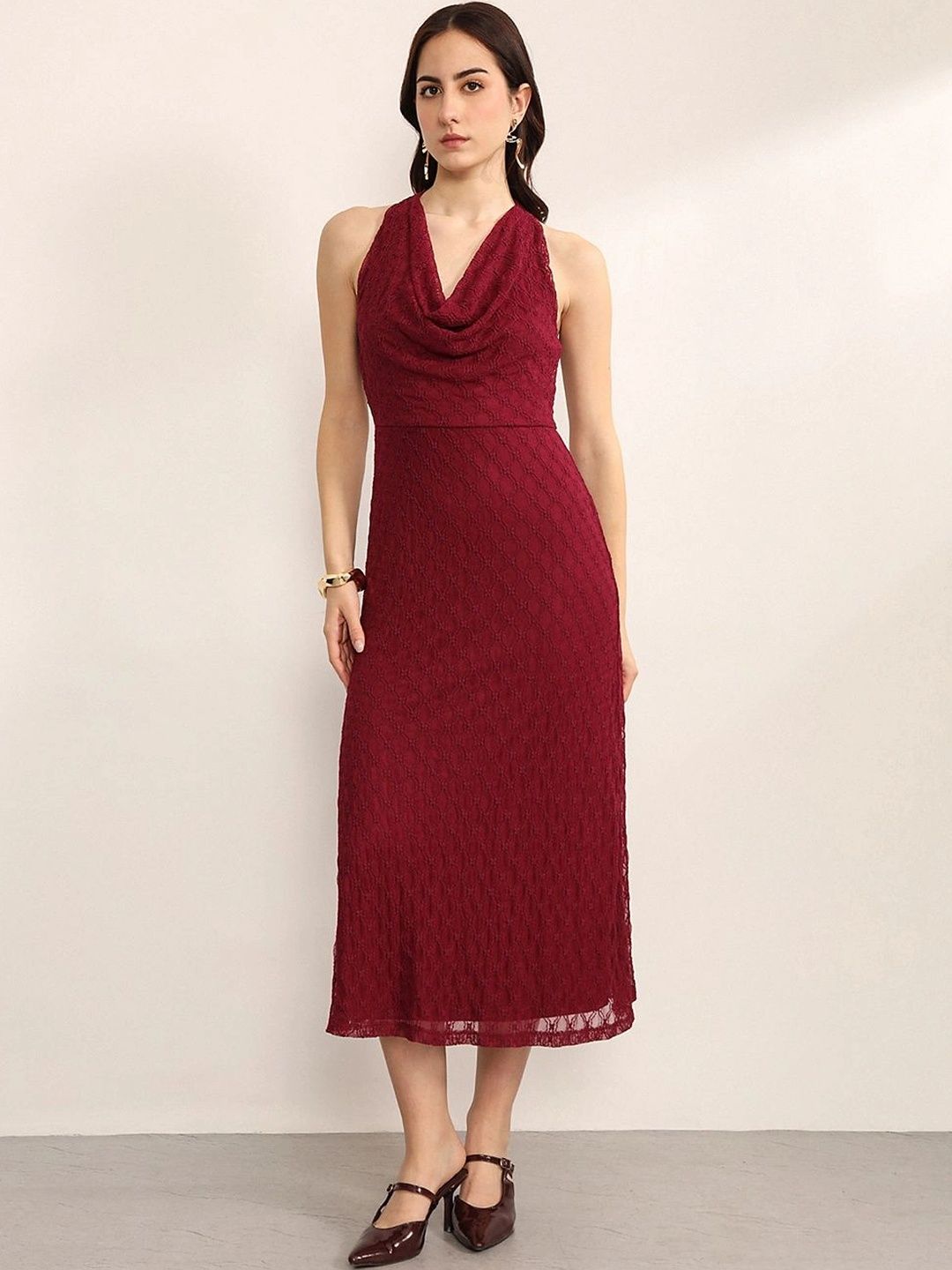 Kazo Cowl Neck A-Line Midi Dress
