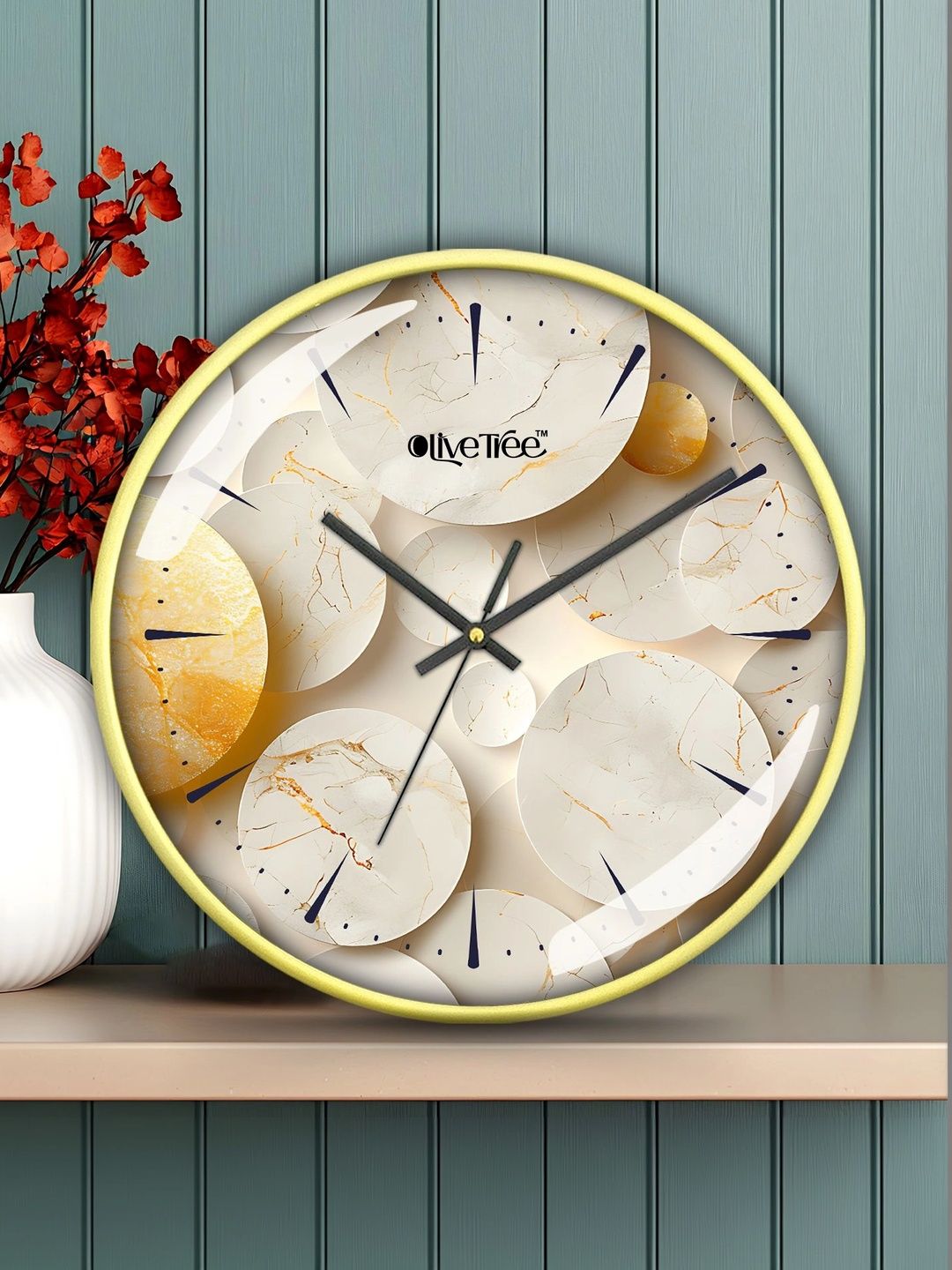 OLIVE TREE Gold-Toned & White Printed Contemporary Wall Clock-picture-24