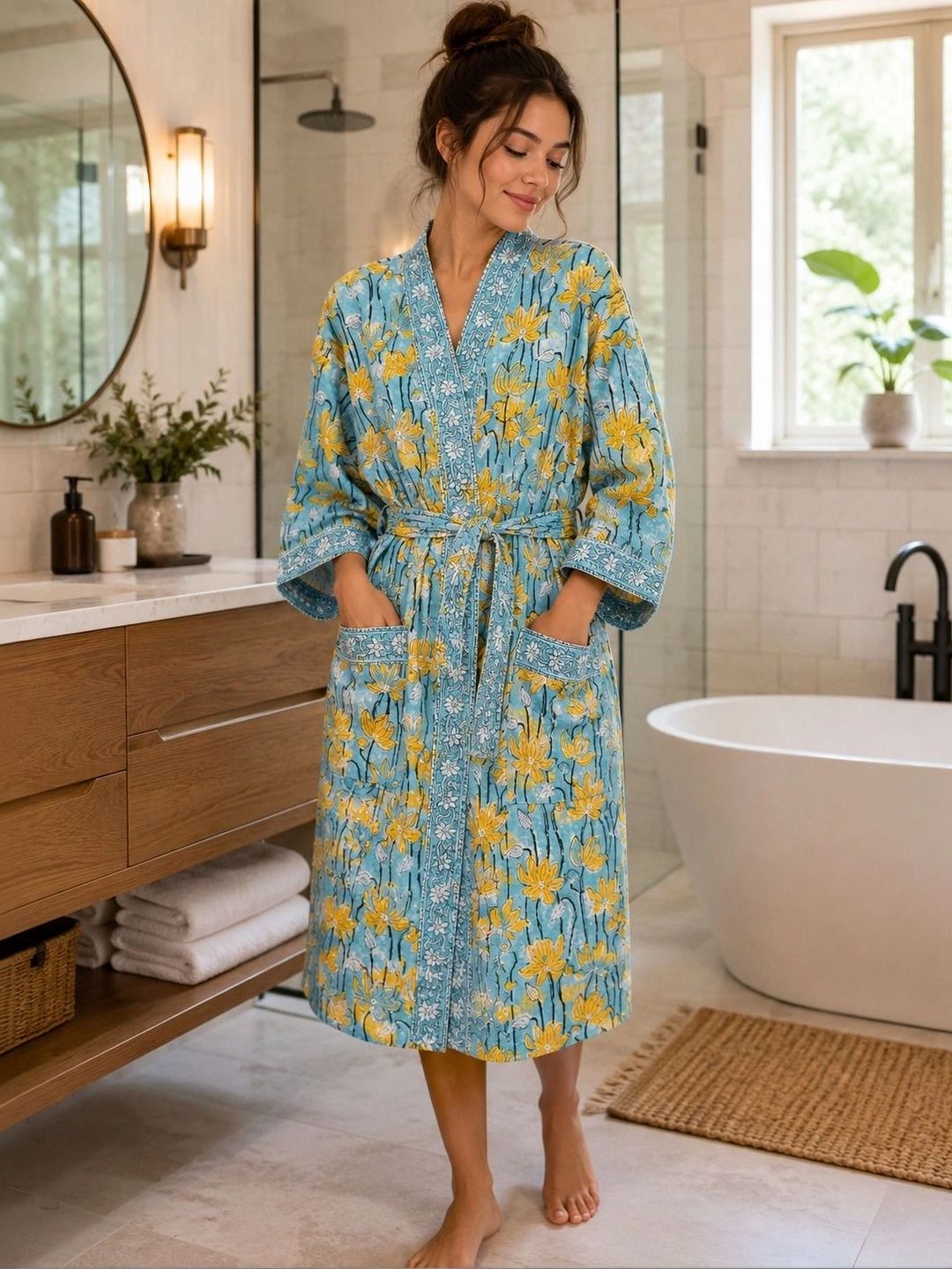 Gulaab Jaipur Printed Waffled Cotton Midi Bath Robe-picture-25