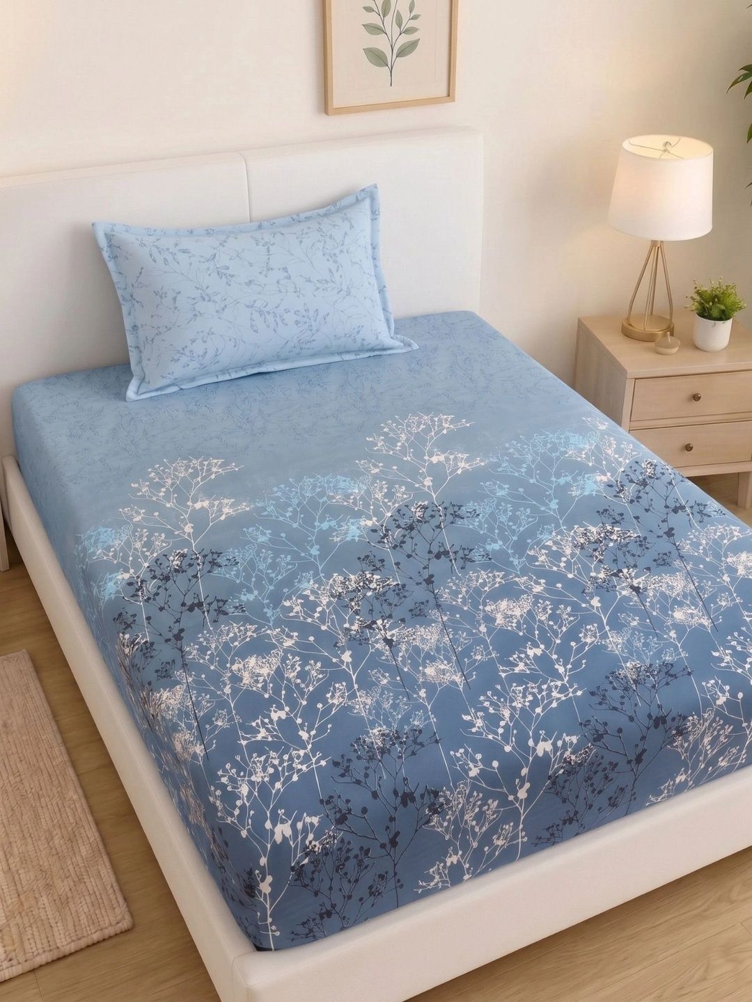 MAFATLAL Blue & White Floral 186 TC Single Bedsheet with 1 Pillow Covers-picture-45