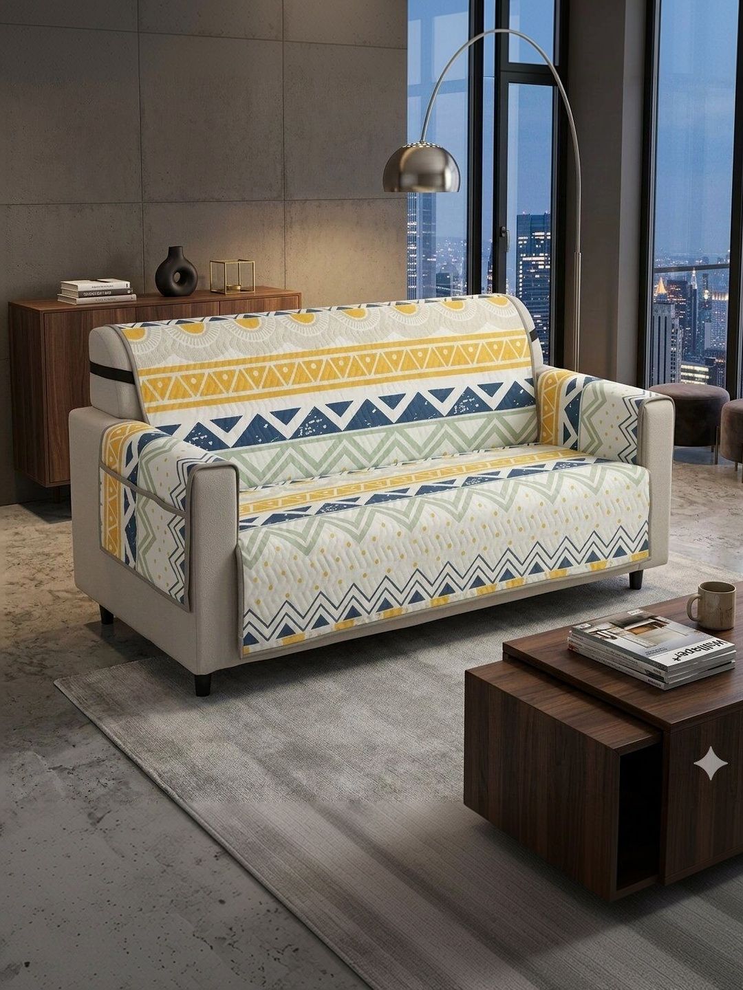 salajya anchla Yellow Printed Sofa Cover With Arms-image-27