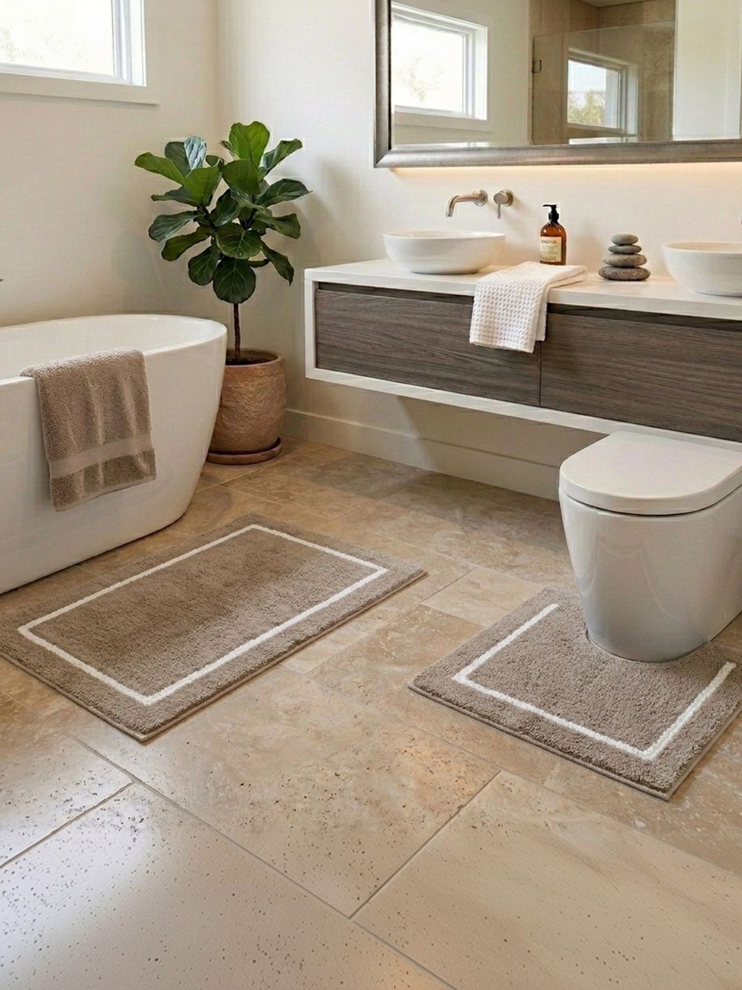 DECOVIA 2Pcs Brown & White Self-Designed Cotton 2000-GSM Soft & Washable Bath Rugs-image-12