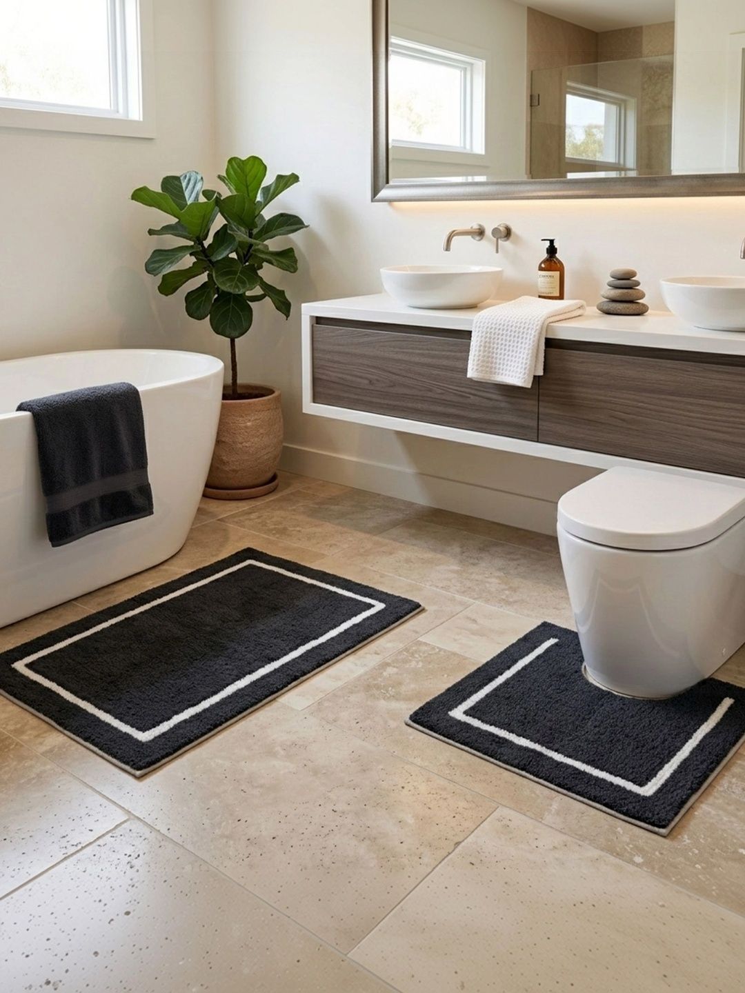 DECOVIA 2Pc Charcoal-Colored & White Self-Designed Cotton 2000-GSM Soft Bath Rugs-image-43