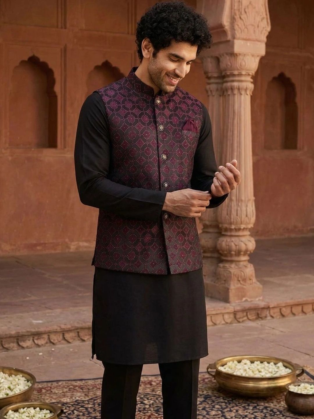 KISAH Woven Designed Mandarin-Collar Nehru Jacket-picture-36