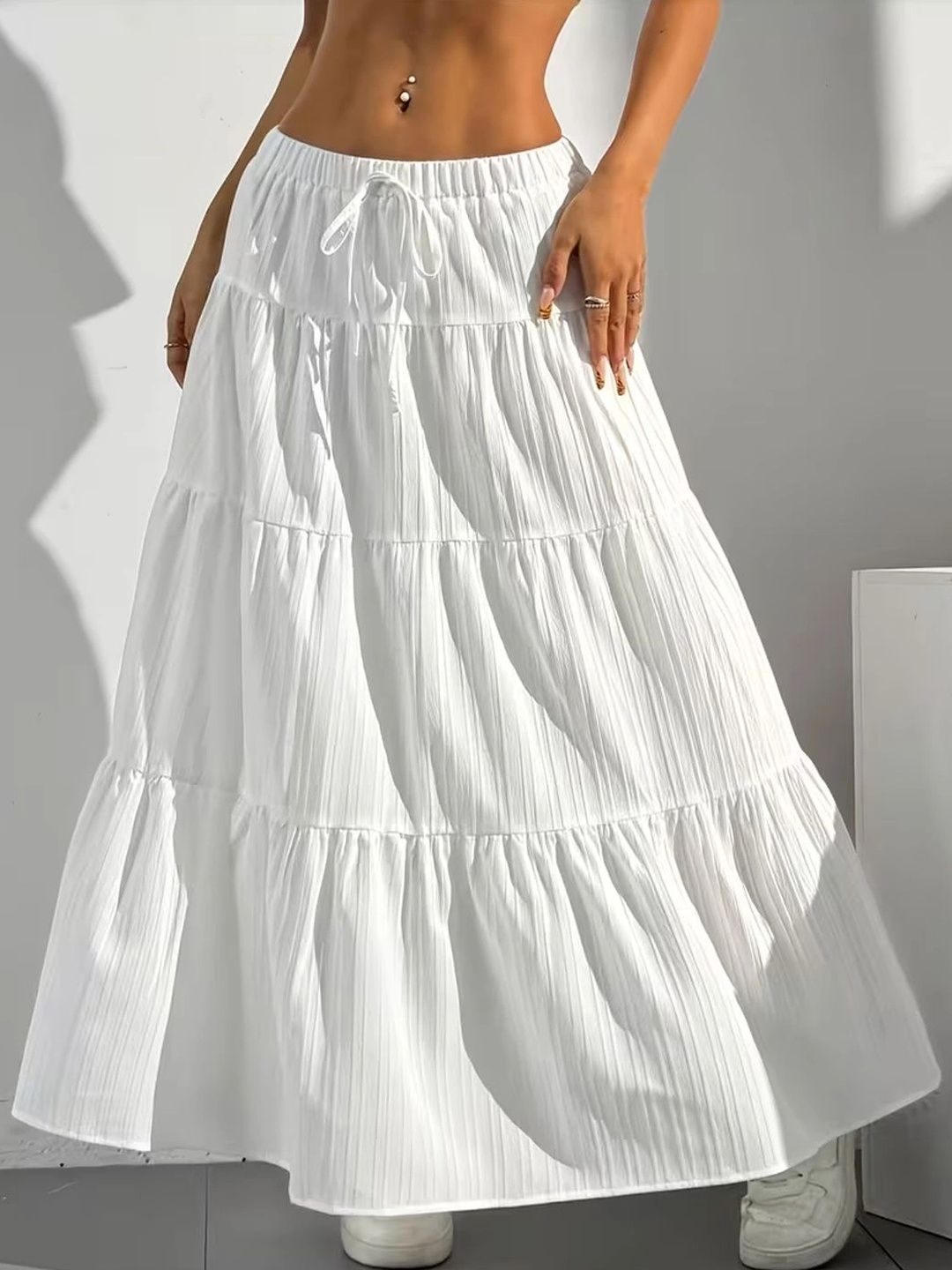 DressBerry Women Crepe Tiered Maxi Flared Skirt-image-17