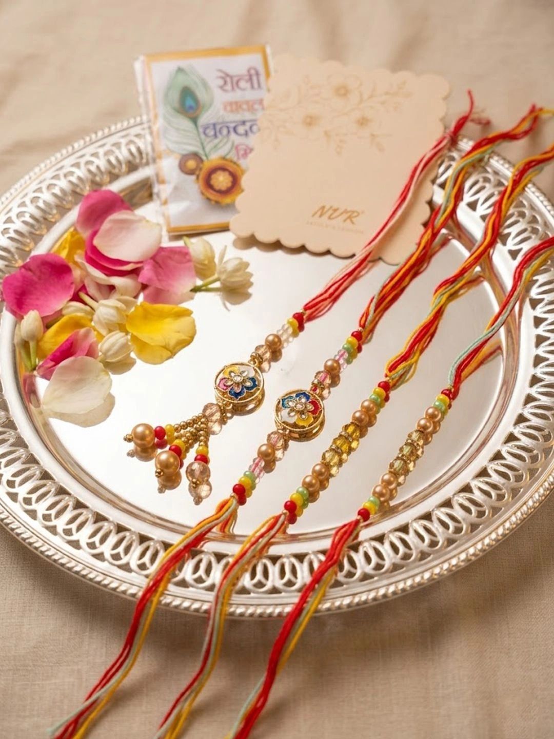 NVR Set Of 4 Artificial Beads Family Pack Thread Rakhi With Roli Chawal Chandan Mishri-picture-18