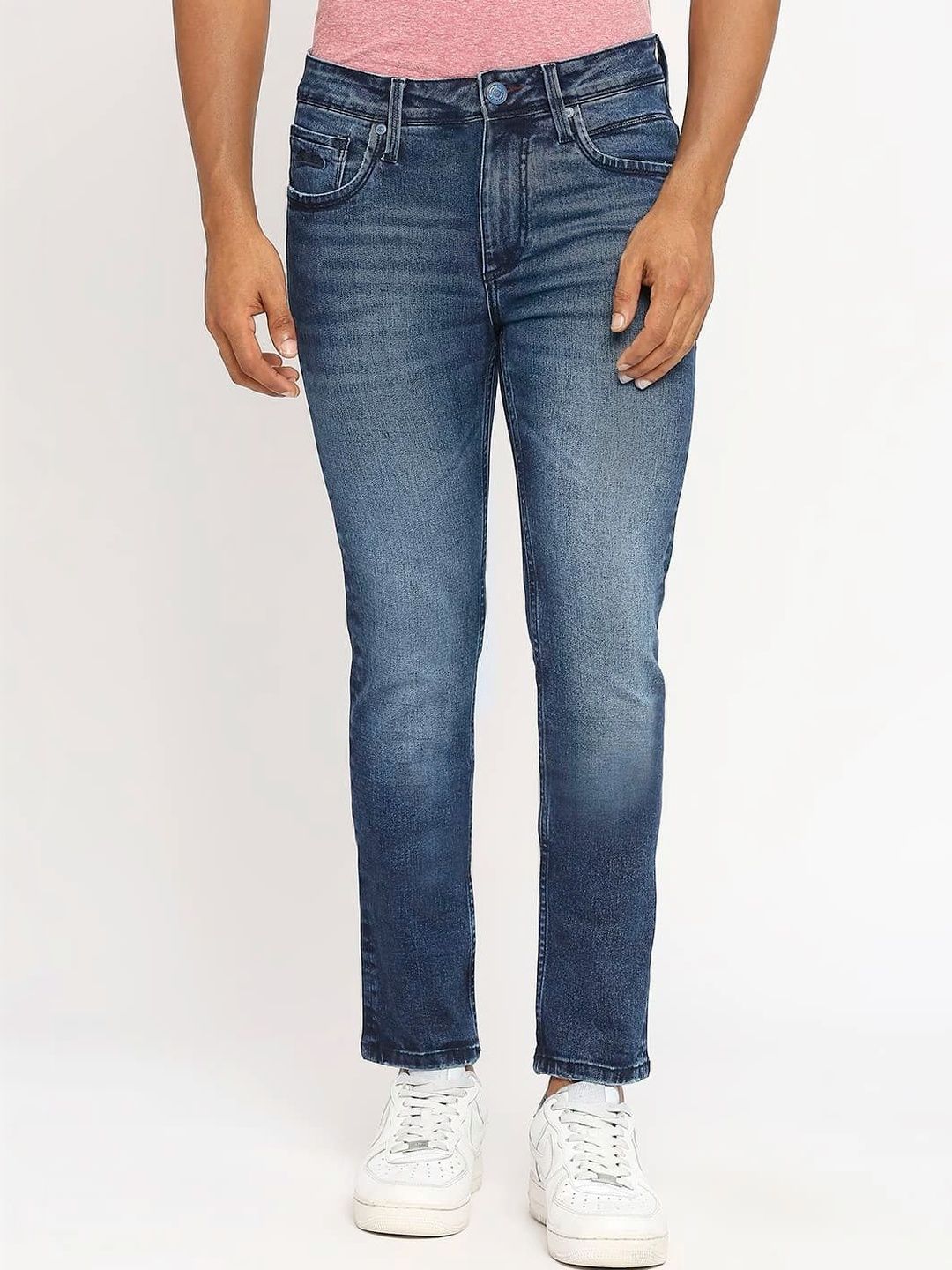 Basics Men Straight Fit Mid-Rise Low Distress Stretchable Jeans