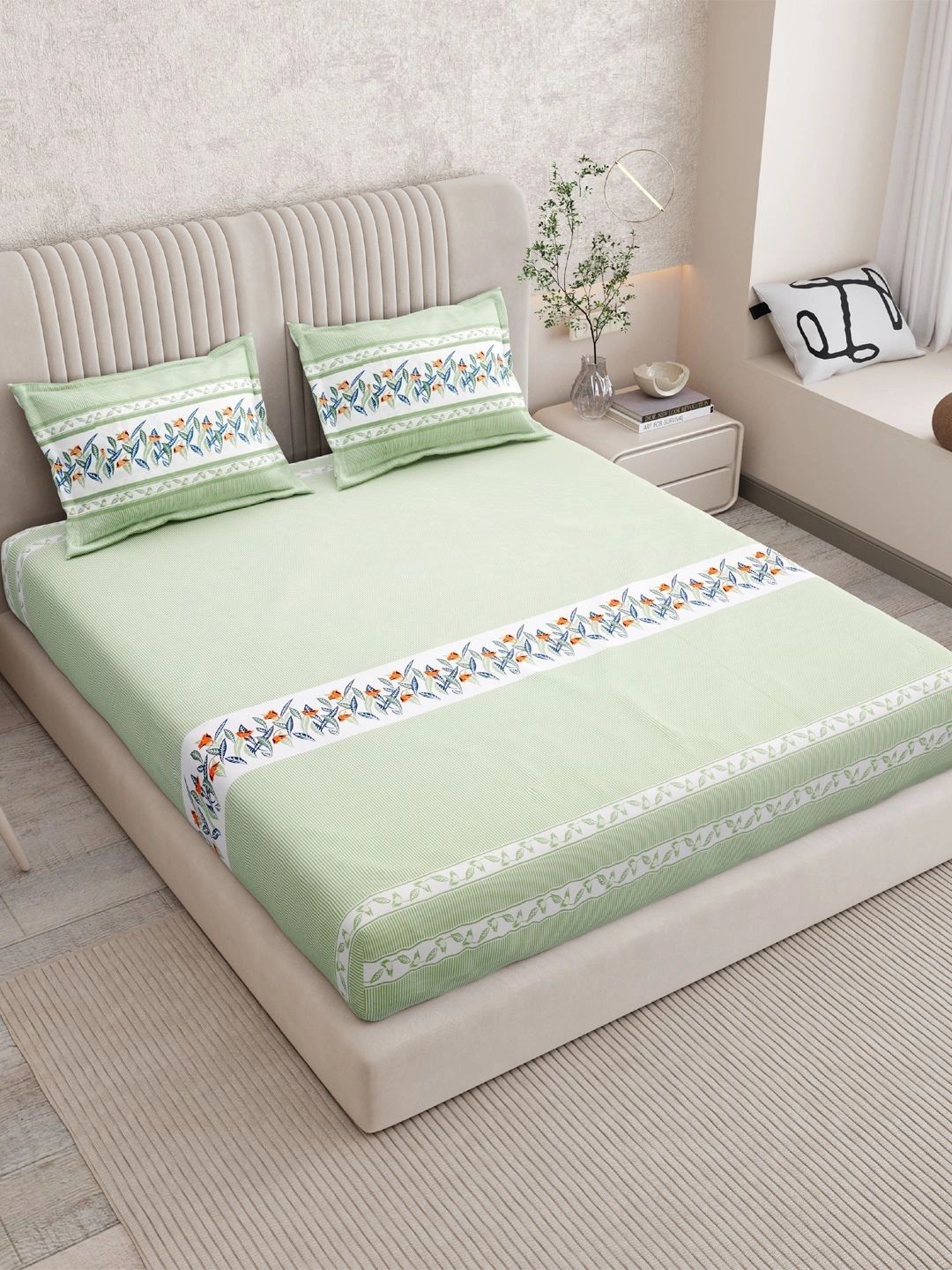 INDRA'S Green Striped 160 TC King Bedsheet with 2 Pillow Covers-image-43