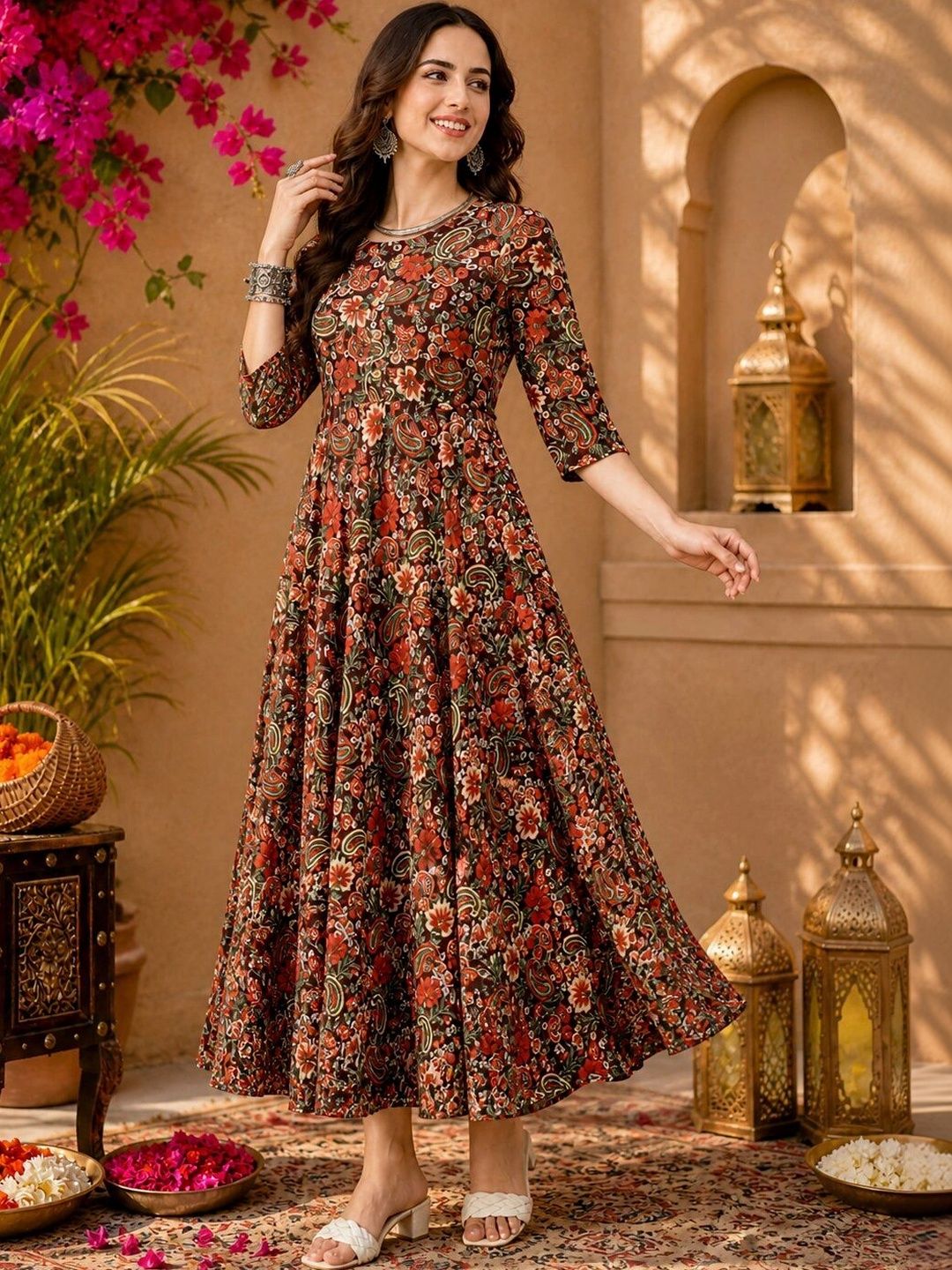 KALINI Printed Round Neck Fit & Flared Ethnic Dress-picture-23
