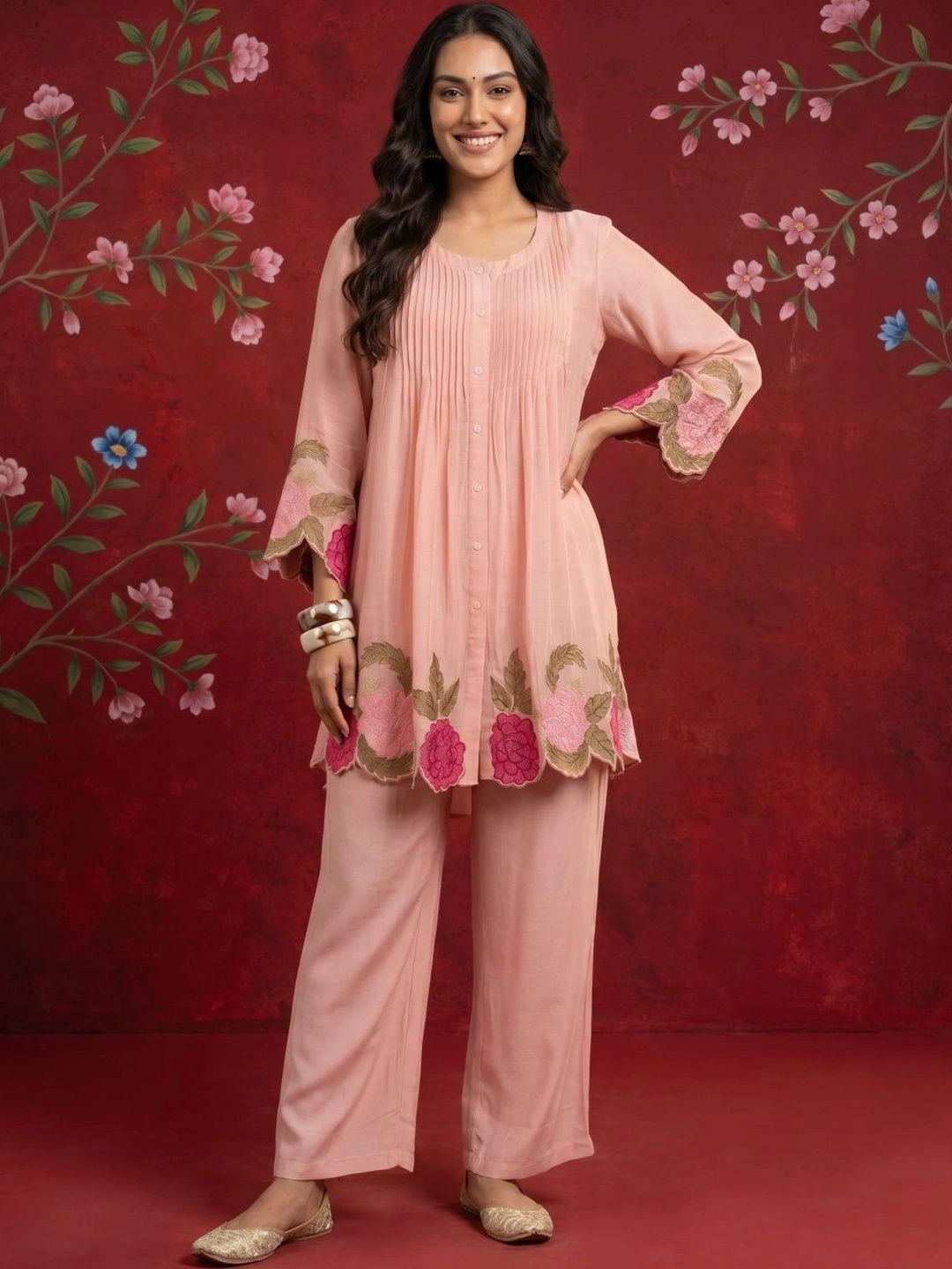 Sangria Women Floral Embroidered Pleated Thread Work Pure Silk Kurti with Trousers-picture-32