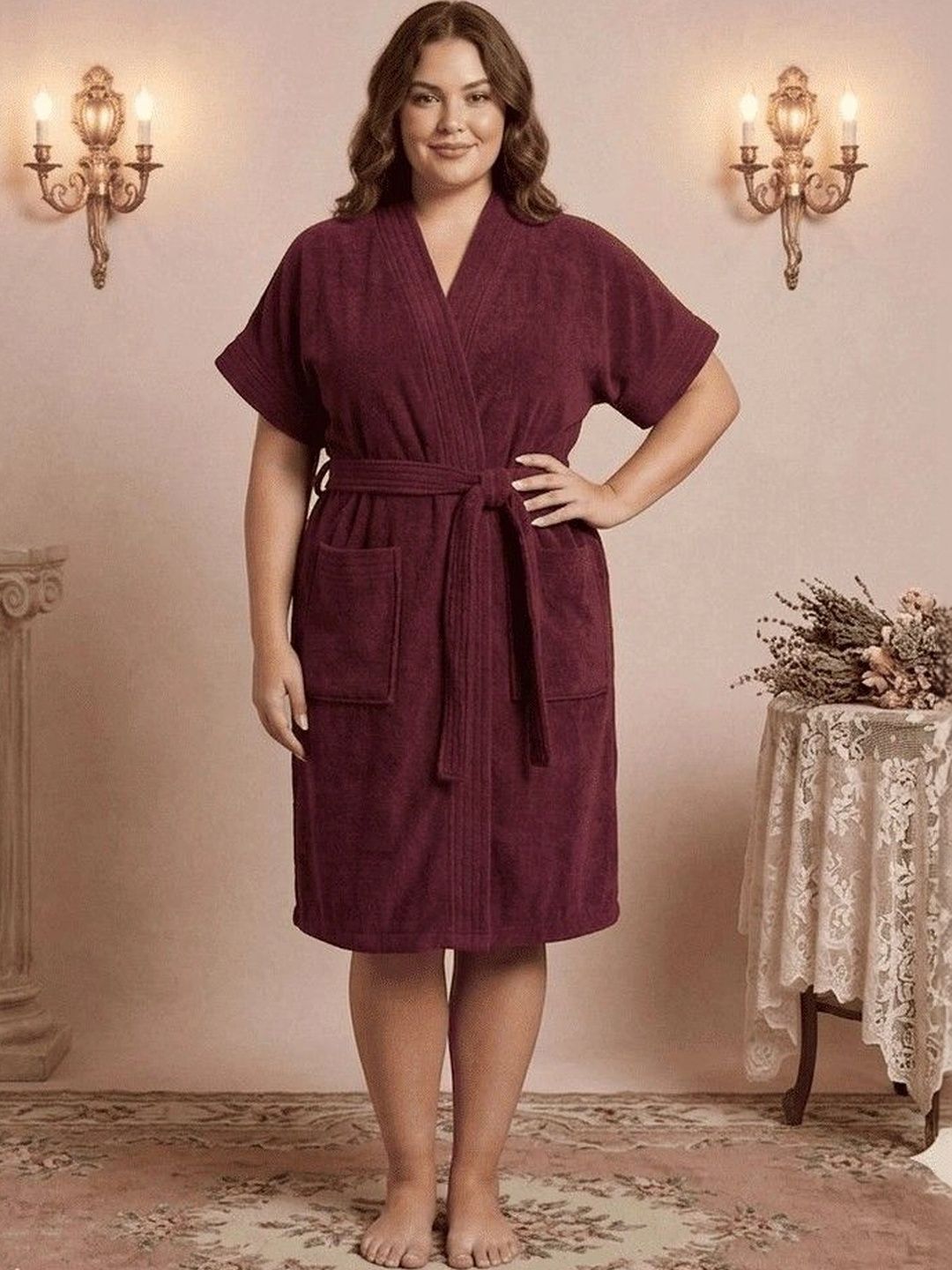 HotGown Relaxed-Fit Terry-Cotton Knee-Length Bath Robe-image-8