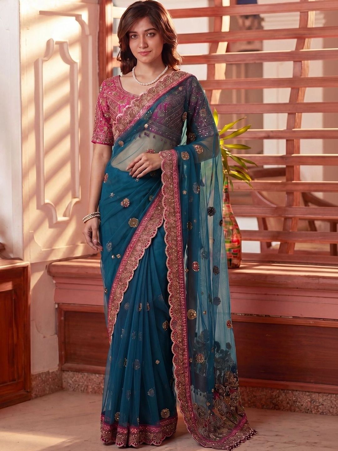 THE THIRD LABEL Embellished Mirror Work Net Heavy Work Saree-picture-28