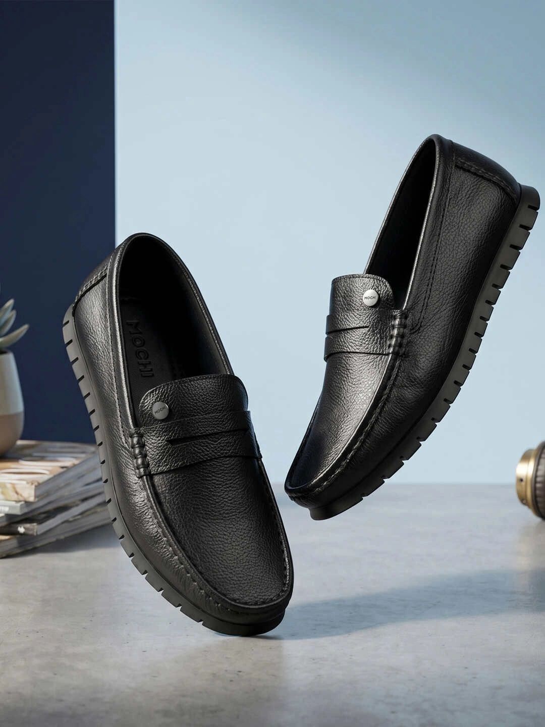 Mochi Men Textured Leather Round Toe Slip-On Loafers Formal Shoes-picture-40