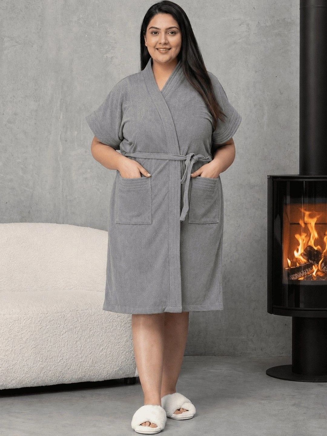 HotGown Relaxed-Fit Terry-Cotton Knee-Length Bath Robe-image-18