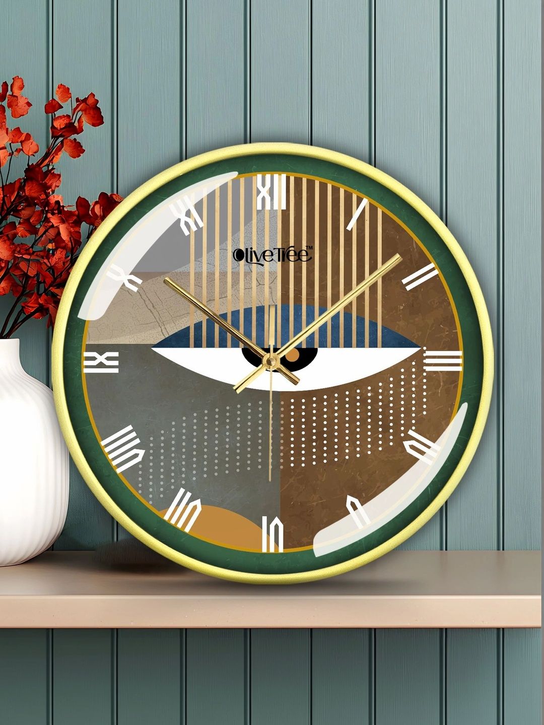 OLIVE TREE Gold-Toned & Green Printed Contemporary Wall Clock-picture-31