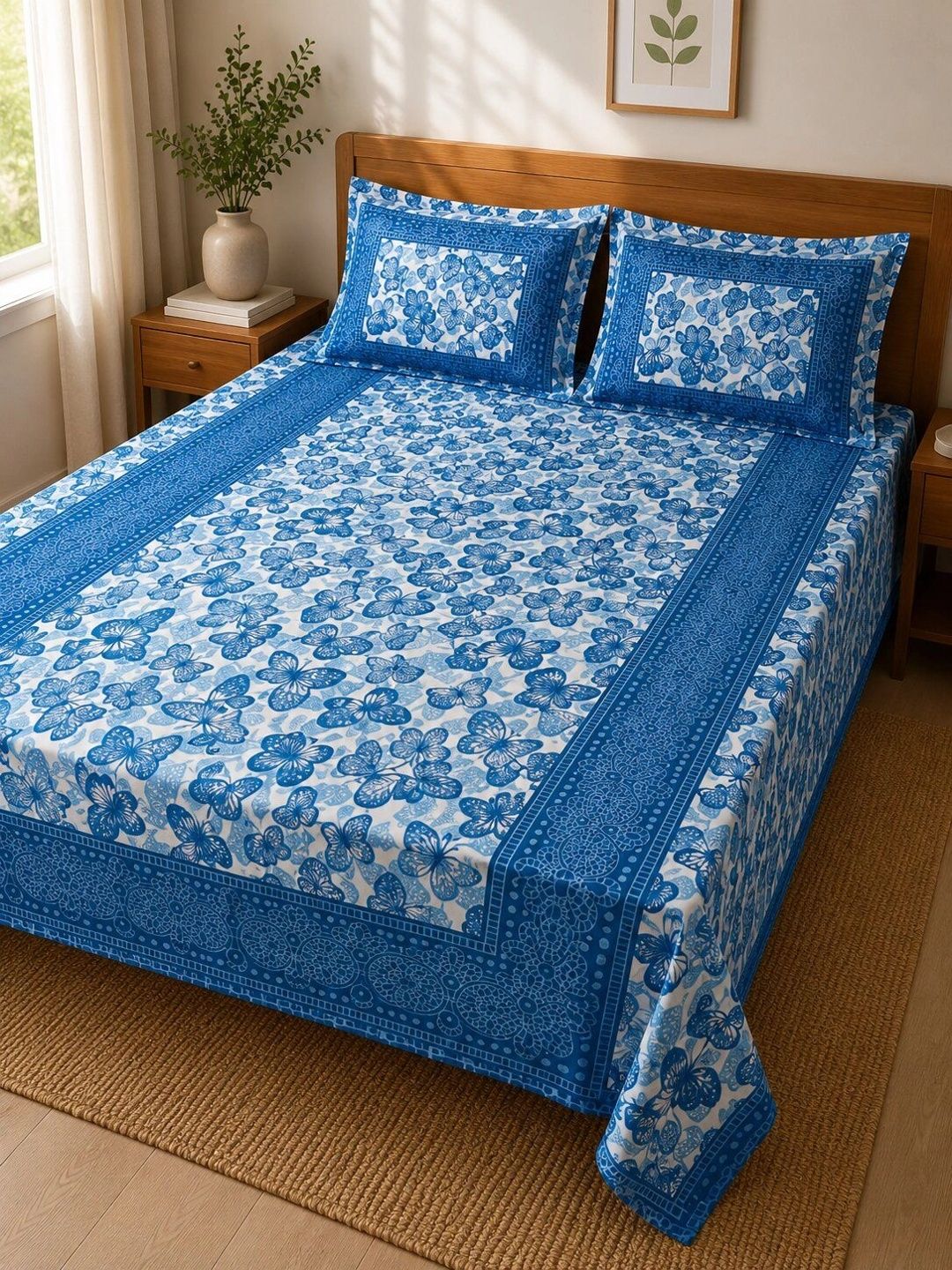 Croff Blue & White Ethnic Motifs 180 TC Queen Bedsheet with 2 Pillow Covers-picture-24