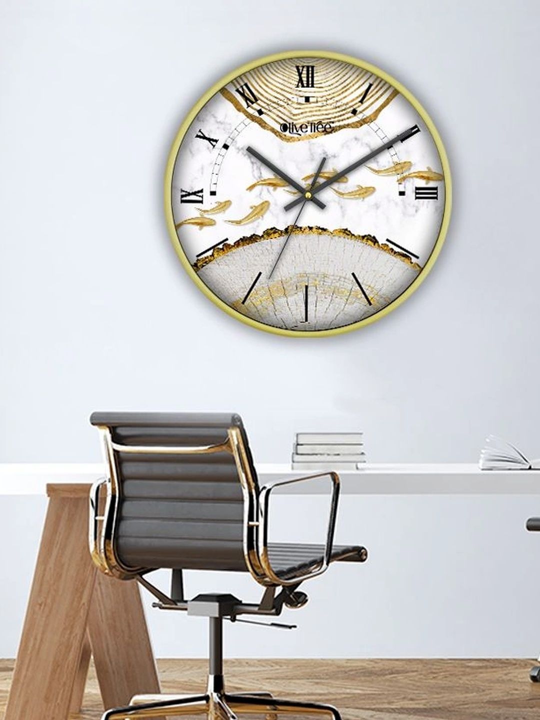 OLIVE TREE Gold-Toned & White Printed Contemporary Wall Clock-image-39