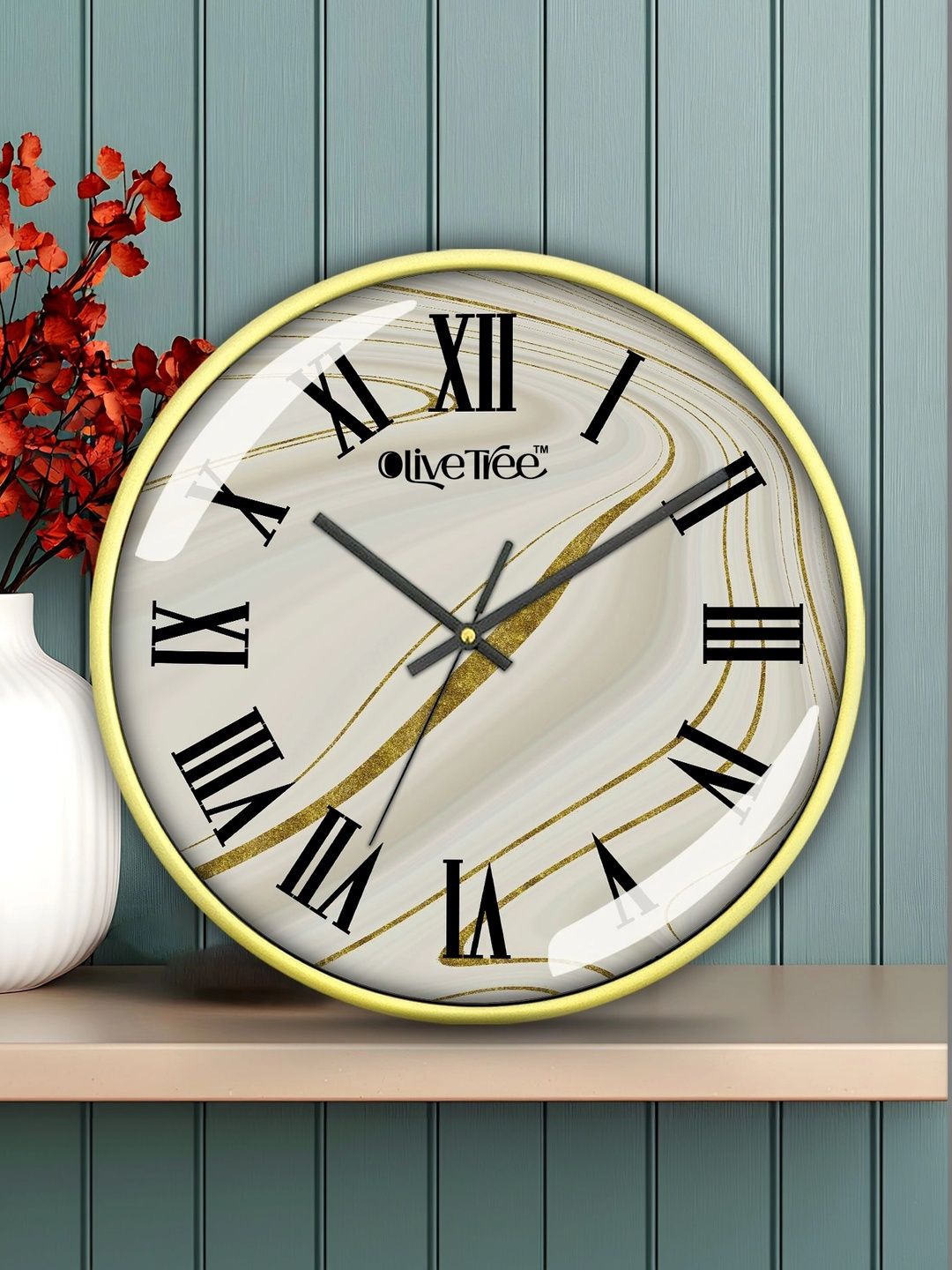 OLIVE TREE Gold-Toned Printed Contemporary Wall Clock-image-44