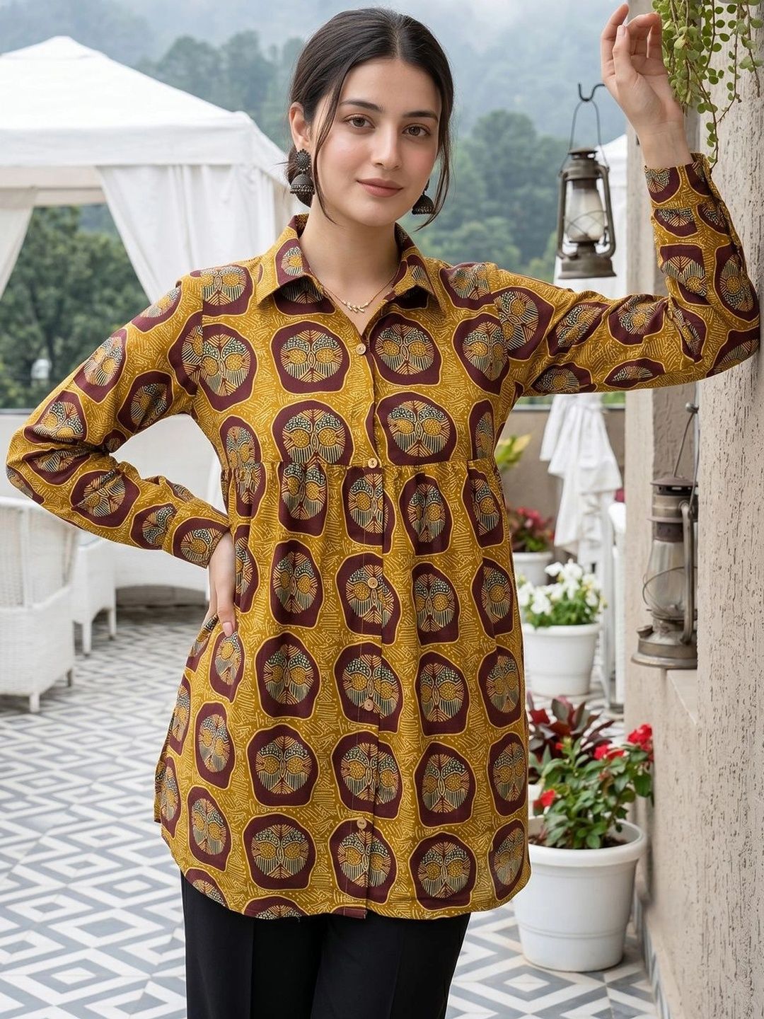 Anouk Ethnic Motifs Printed Shirt Collar Pure Cotton Pleated Kurti-picture-45
