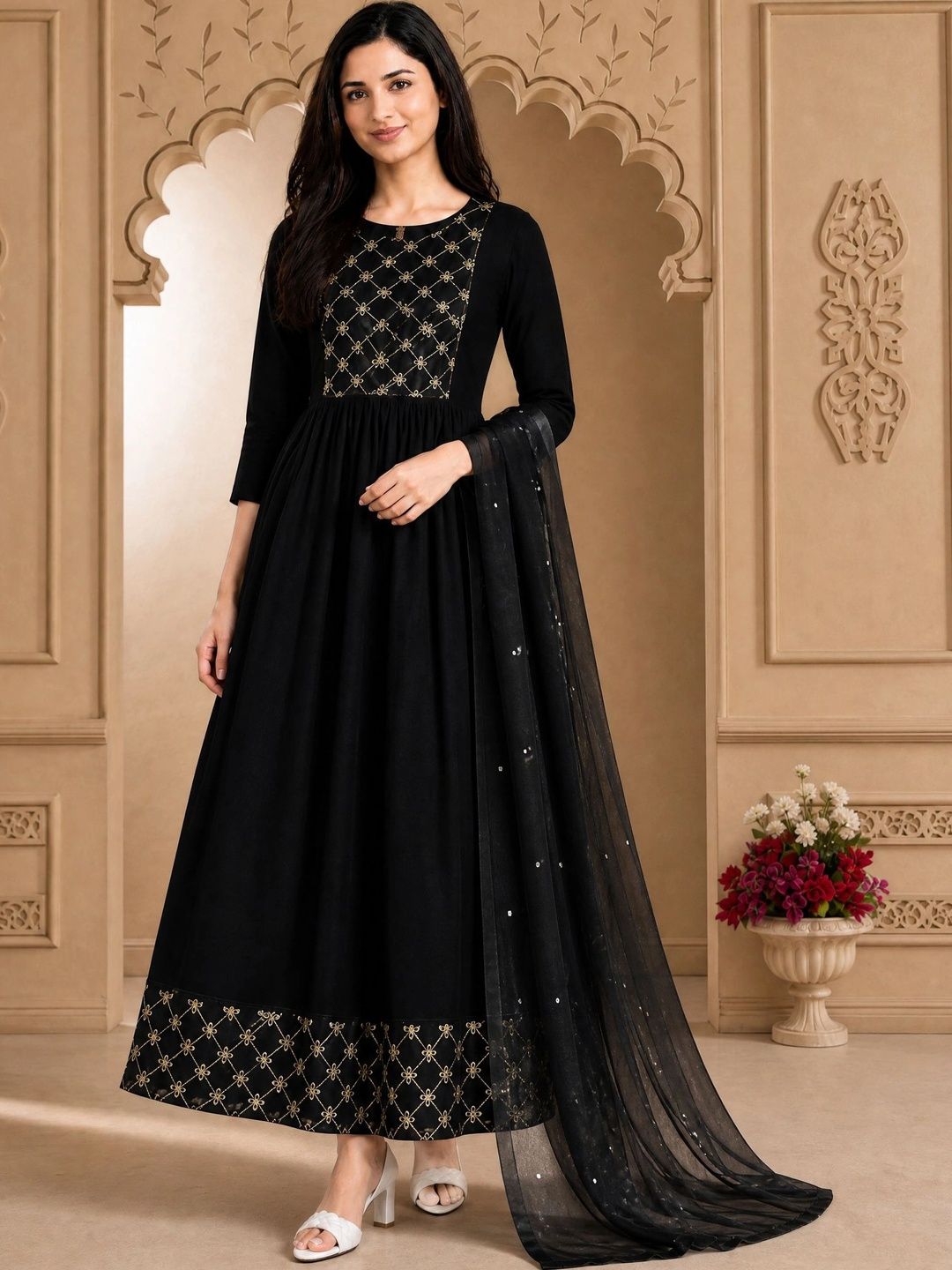 Moda Rapido Embroidered Round Neck Fit & Flare Ethnic Dresses-picture-10