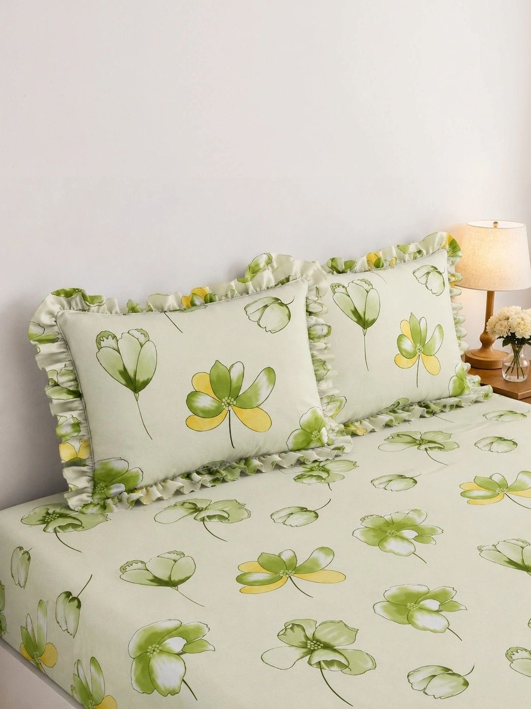 Aura Green & Yellow Floral 300 TC Bedsheet with 2 Pillow Covers-image-44
