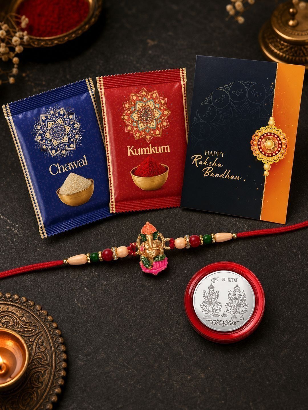 DeoDap Rakhi for Brother With Greeting Card & Roli-Chawal & Silver colour coin-picture-20