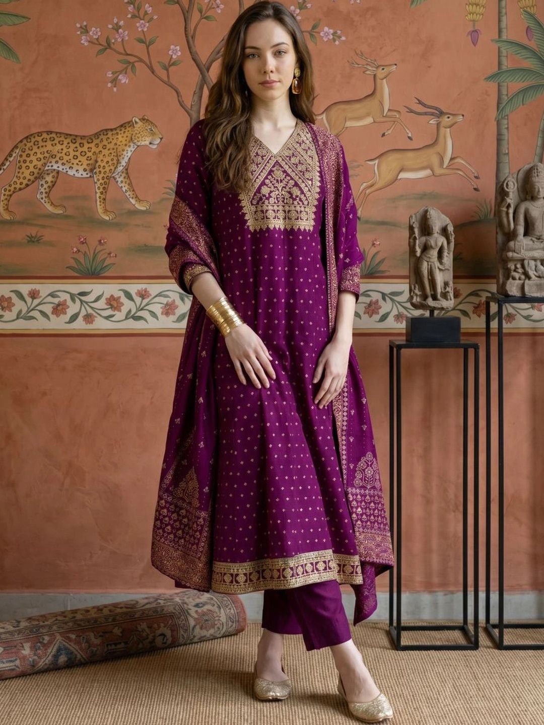Sangria Women Floral Embroidered Regular Thread Work Kurta with Trousers & With Dupatta-picture-17