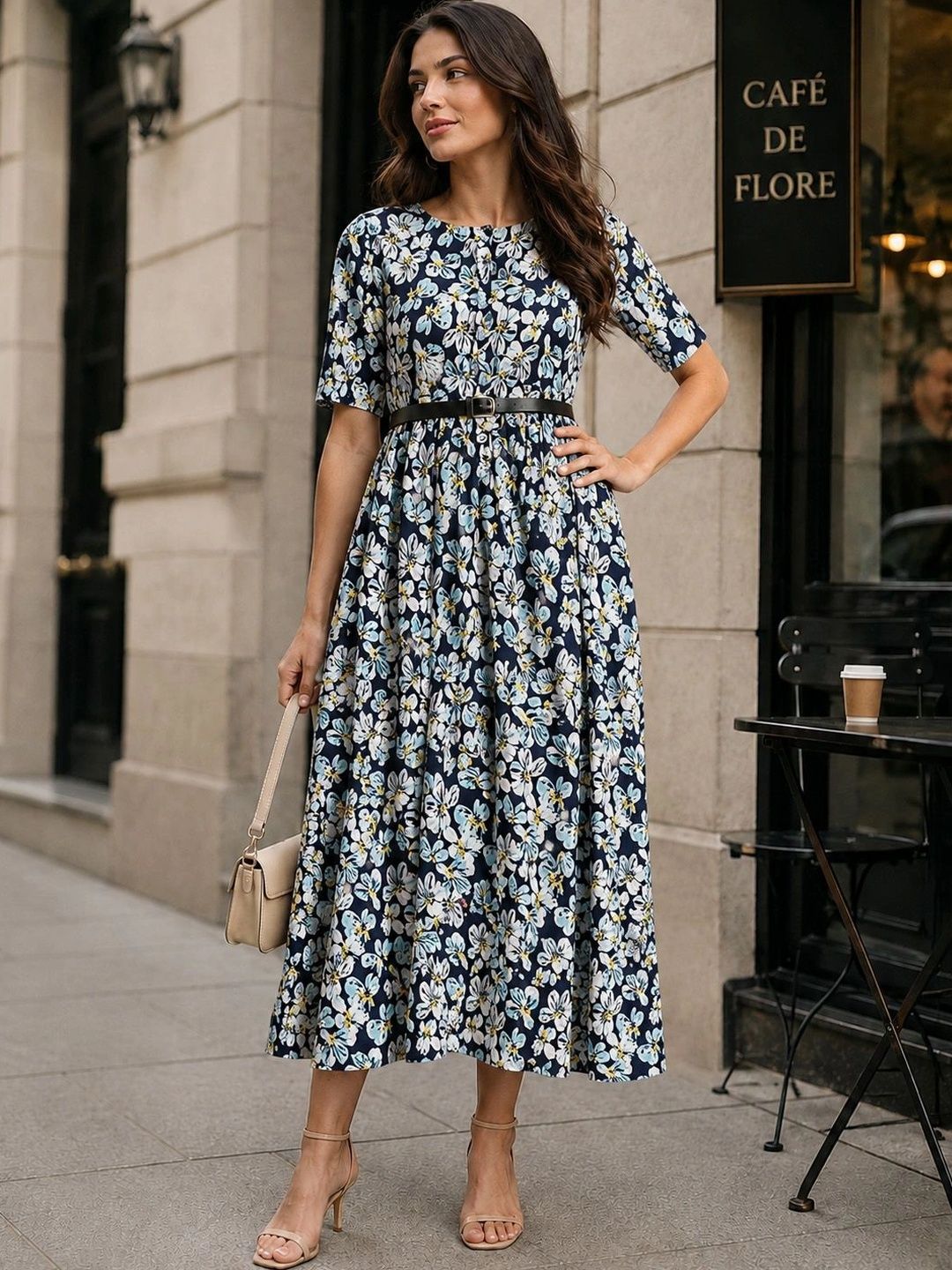 Style Go Floral Print A-Line Midi Dress