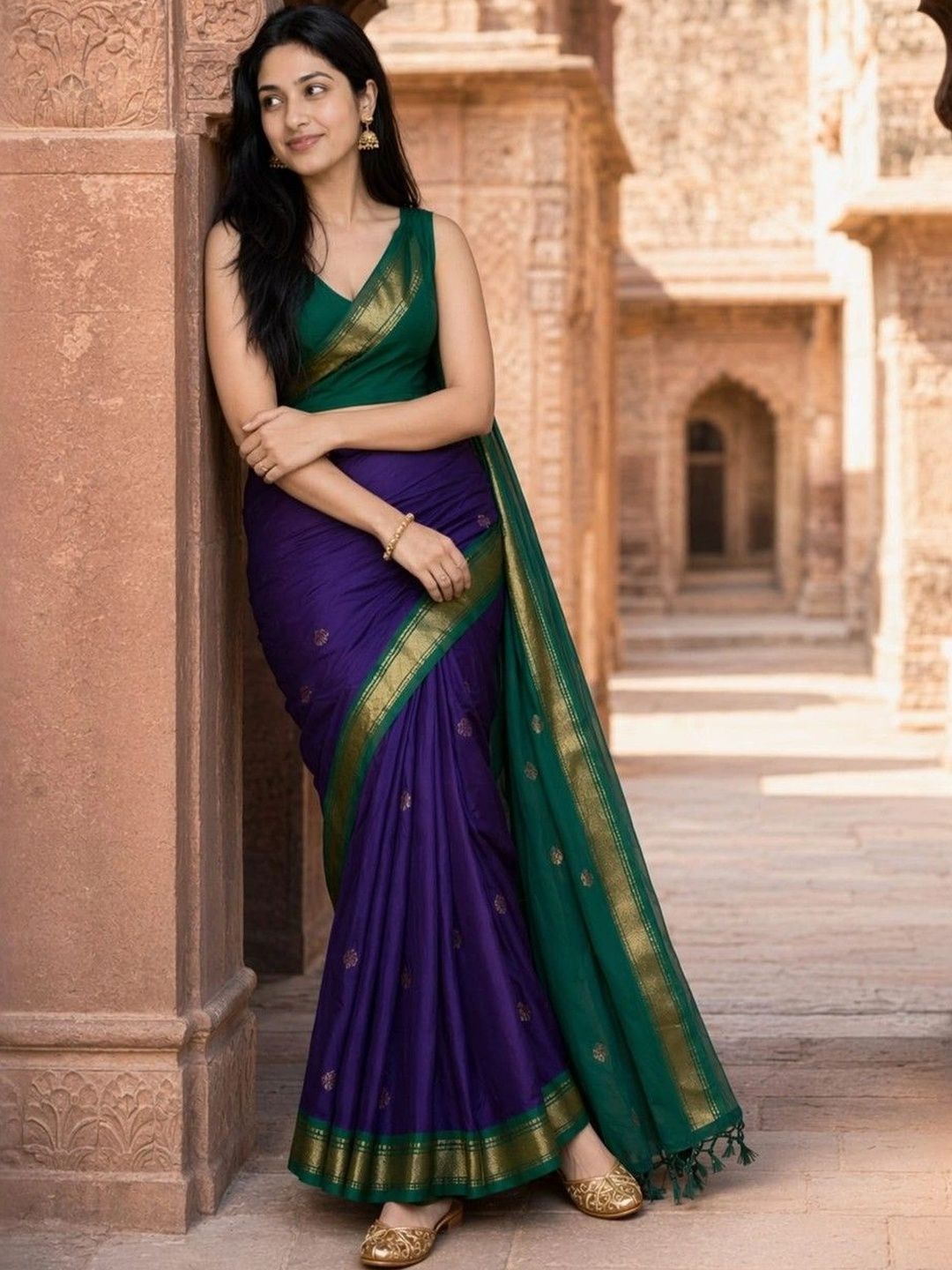Anouk Rustic Woven Design Zari Pure Cotton Fusion Kanjeevaram Saree