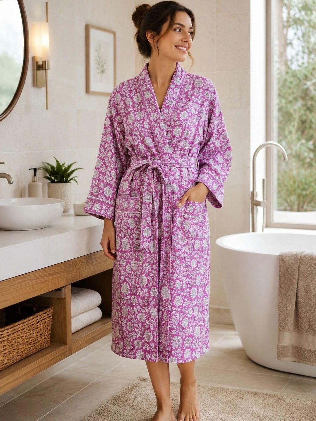 Gulaab Jaipur Printed Waffled Cotton Midi Bath Robe-picture-30