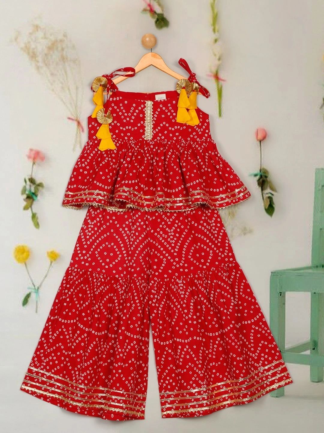 SAKA DESIGNS Girls Bandhani Printed Empire Gotta Patti Pure Cotton Kurta With Sharara-picture-29
