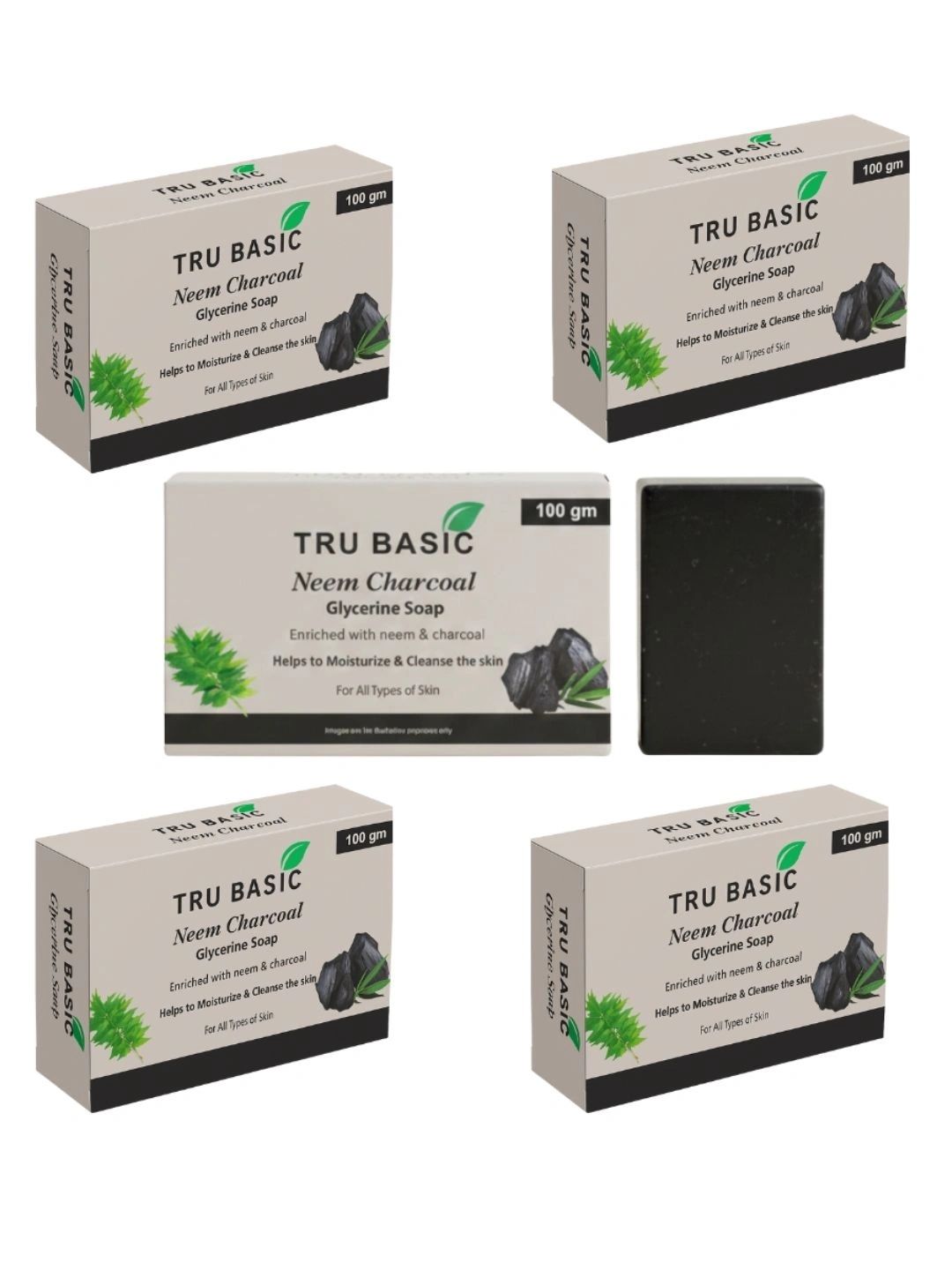 Tru Basic Set Of 5 Neem Charcoal Soaps - 100 g Each-image-5